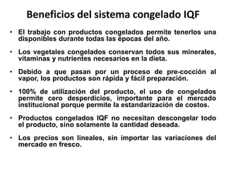 Beneficios del sistema congelado IQF
• El trabajo con productos congelados permite tenerlos una
disponibles durante todas las épocas del año.
• Los vegetales congelados conservan todos sus minerales,
vitaminas y nutrientes necesarios en la dieta.
• Debido a que pasan por un proceso de pre-cocción al
vapor, los productos son rápida y fácil preparación.
• 100% de utilización del producto, el uso de congelados
permite cero desperdicios, importante para el mercado
institucional porque permite la estandarización de costos.
• Productos congelados IQF no necesitan descongelar todo
el producto, sino solamente la cantidad deseada.
• Los precios son lineales, sin importar las variaciones del
mercado en fresco.
 