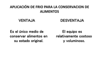 APLICACIÓN DE FRIO PARA LA CONSERVACION DE
ALIMENTOS
VENTAJA
Es el único medio de
conservar alimentos en
su estado original.
DESVENTAJA
El equipo es
relativamente costoso
y voluminoso.
 