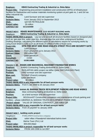 Employer: KBAS Contracting Trading & Industrial co. Doha Qatar
Project title: Engineering procurement installation and construction (EPIC) of infrastructure
facilities for Radioactive and nuclear materials monitoring system at port gate no, 1 and 2of ras
laffan industrial city.
Position: Land Surveyor and site supervisor
Inclusive Dates: From January 2012 to September 2013
Clint: QATAR PETROLEUM
Project value: 18 million
CONTRACT NO: GC12103400
PROJECT NO#4 ROADS MAINTENANCE AND SECURITY BUILDING works
Employer: KBAS Contracting Trading & Industrial co. Doha Qatar
TASKS INVOLVED in project: Lay-out and as-built all structure facilities based on designed plan
such as: gas pipe line, water pipe line, drainage pipe line and other underground facilities
Drafting drawings, calculating the different types of calculations require for surveying works by
using Excel Sheet & CAD such as all Kinds of Utilities Profile & Road curve.
Project title: EPIC FOR WEST SIDE ROAD KHALIFA STREET PH-II AND SECURITY GATE
Position: Land Surveyor
Inclusive Dates: From janury210 up to January 2012
Contract Value: 850 million QR
Client: Qatar petroleum
Consultant: COWI
CONTRACT NO: GC08114800
PROJECT #5 ROADS AND MACHNICAL MACHINRY FOUNDATION WORKS
Employer: KABAS Contracting Trading &industrial co. Doha Qatar
Project title: RASLAFFAN olefin project ras laffan Qatar (NATURALGAS Plant)
Position: LAND surveyor and site supervisor
Main cont: TECHNIP (French) company
Client: Qatar petroleum
Project value: 40 million
TASKS INVOLVED in pro: responsible for all land surveyor works
Inclusive Dates: From 5 Jan 2009 to 20 January 2010
PROJECT #6 BARWA AL BARAHA TRUCK DEVLOPMENT PARKING AND ROAD WORKS
Employer: kbas contracting trading &industrial co. Doha Qatar
Position: as a land surveyor and site supervisor
Project title: BO15/con/07 Construction completion and maintenance of truck parking and
facilities – phase 1(BARWA AL BARAHA TRUCK DEVLOPMENT PHASE ONE)
Project valued: VALUE OF ORIGNAL CONTRACT _500 million QR
TASKS INVOLVED in pro: responsible for all land surveyor works
Inclusive Dates: From 25 july2007 to January 2009
PROJECT NO# 7 building works project
Employer: PAKLAND Construction company
Project title: safari villas ii Rawalpindi Islamabad bahria town
Clint: Bahria Town (Pvt.) Ltd
Project value: 800,000,00pkr
TASKS INVOLVED in project: responsible for all land surveyor works
Inclusive Dates: FROM JAN 2006 to Jul 2007
 