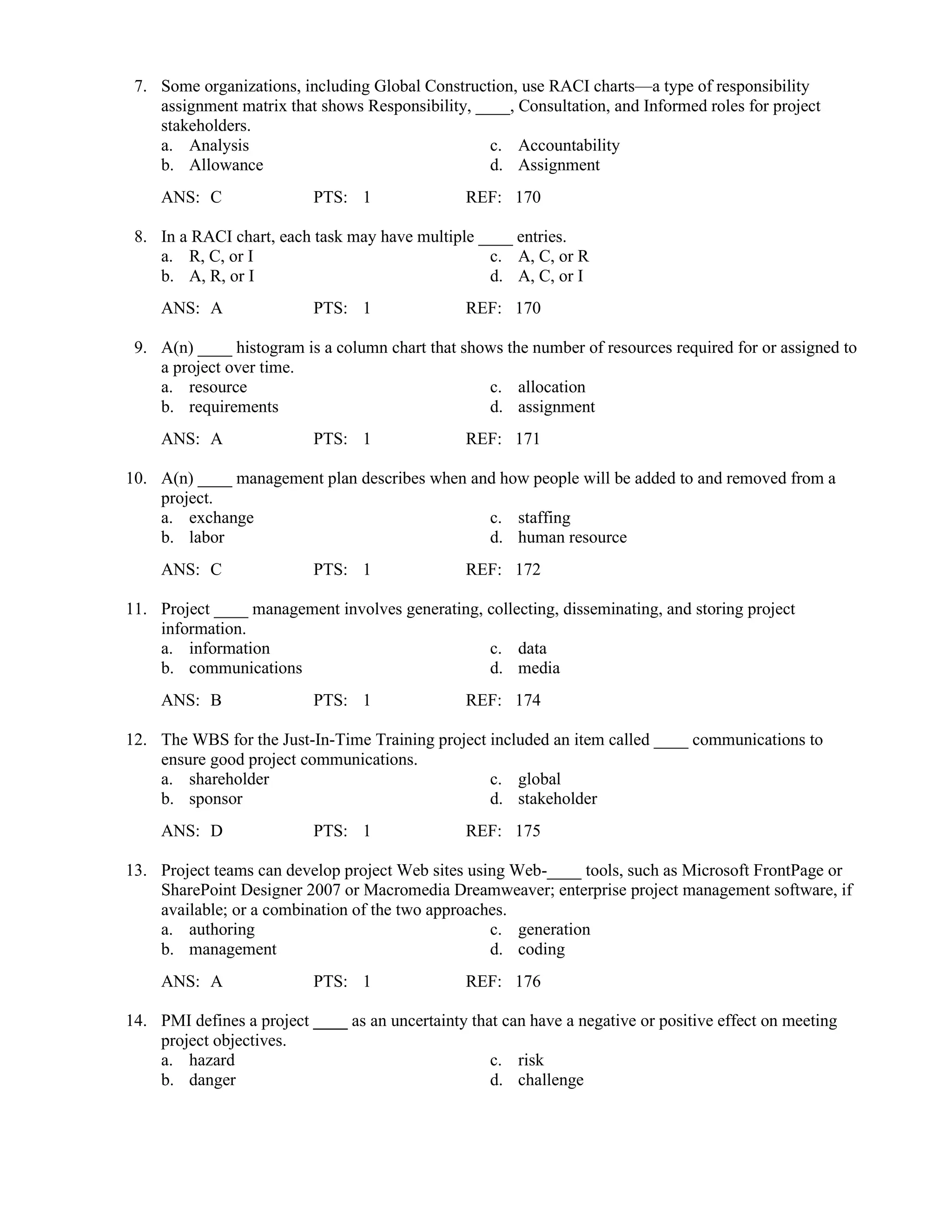 7. Some organizations, including Global Construction, use RACI charts—a type of responsibility
assignment matrix that shows Responsibility, ____, Consultation, and Informed roles for project
stakeholders.
a. Analysis c. Accountability
b. Allowance d. Assignment
ANS: C PTS: 1 REF: 170
8. In a RACI chart, each task may have multiple ____ entries.
a. R, C, or I c. A, C, or R
b. A, R, or I d. A, C, or I
ANS: A PTS: 1 REF: 170
9. A(n) ____ histogram is a column chart that shows the number of resources required for or assigned to
a project over time.
a. resource c. allocation
b. requirements d. assignment
ANS: A PTS: 1 REF: 171
10. A(n) ____ management plan describes when and how people will be added to and removed from a
project.
a. exchange c. staffing
b. labor d. human resource
ANS: C PTS: 1 REF: 172
11. Project ____ management involves generating, collecting, disseminating, and storing project
information.
a. information c. data
b. communications d. media
ANS: B PTS: 1 REF: 174
12. The WBS for the Just-In-Time Training project included an item called ____ communications to
ensure good project communications.
a. shareholder c. global
b. sponsor d. stakeholder
ANS: D PTS: 1 REF: 175
13. Project teams can develop project Web sites using Web-____ tools, such as Microsoft FrontPage or
SharePoint Designer 2007 or Macromedia Dreamweaver; enterprise project management software, if
available; or a combination of the two approaches.
a. authoring c. generation
b. management d. coding
ANS: A PTS: 1 REF: 176
14. PMI defines a project ____ as an uncertainty that can have a negative or positive effect on meeting
project objectives.
a. hazard c. risk
b. danger d. challenge
 