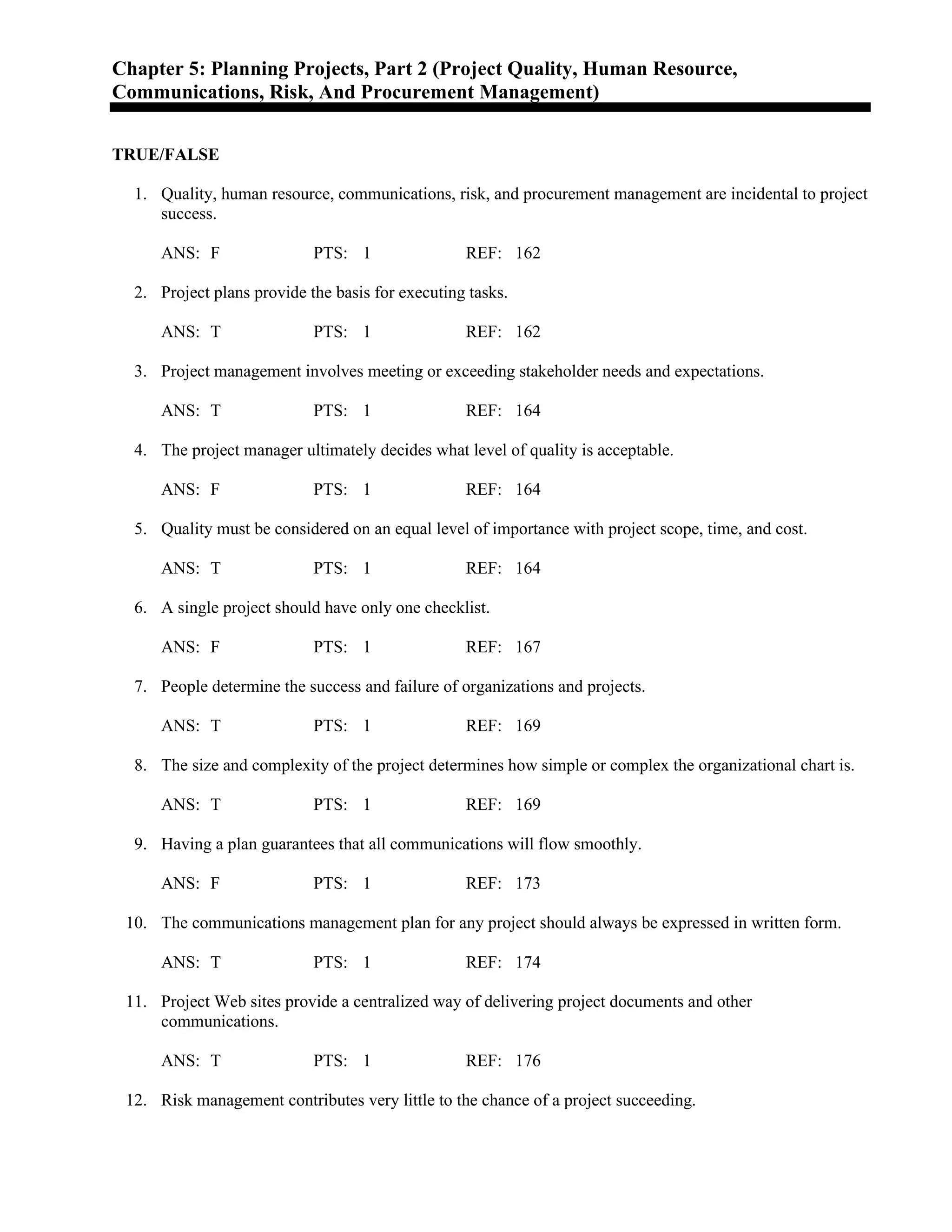Chapter 5: Planning Projects, Part 2 (Project Quality, Human Resource,
Communications, Risk, And Procurement Management)
TRUE/FALSE
1. Quality, human resource, communications, risk, and procurement management are incidental to project
success.
ANS: F PTS: 1 REF: 162
2. Project plans provide the basis for executing tasks.
ANS: T PTS: 1 REF: 162
3. Project management involves meeting or exceeding stakeholder needs and expectations.
ANS: T PTS: 1 REF: 164
4. The project manager ultimately decides what level of quality is acceptable.
ANS: F PTS: 1 REF: 164
5. Quality must be considered on an equal level of importance with project scope, time, and cost.
ANS: T PTS: 1 REF: 164
6. A single project should have only one checklist.
ANS: F PTS: 1 REF: 167
7. People determine the success and failure of organizations and projects.
ANS: T PTS: 1 REF: 169
8. The size and complexity of the project determines how simple or complex the organizational chart is.
ANS: T PTS: 1 REF: 169
9. Having a plan guarantees that all communications will flow smoothly.
ANS: F PTS: 1 REF: 173
10. The communications management plan for any project should always be expressed in written form.
ANS: T PTS: 1 REF: 174
11. Project Web sites provide a centralized way of delivering project documents and other
communications.
ANS: T PTS: 1 REF: 176
12. Risk management contributes very little to the chance of a project succeeding.
 