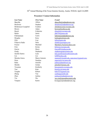 36th
Annual Meeting of the Texas Genetics Society, Austin, TEXAS, April 2-4, 2009
38
36th
Annual Meeting of the Texas Genetics Society, Austin, TEXAS, April 2-4,2009
Presenters’ Contact Information
Last Name First Name E-mail
Bacolla Albino abacolla@mdanderson.org
Boulware Stephen sboulwar@mdanderson.org
Brinkmeyer-Langford Candice cbrinkmeyer@cvm.tamu.edu
Brown Adam browna4@uthscsa.edu
Busch Catherine cbusch@cvm.tamu.edu
Butler Jamie jlb6736@tamu.edu
Christensen Laura lchriste@mdanderson.org
Douglas Kory kodouglas@tamu.edu
Ellis Lisa lellis@tamu.edu
Filipovic-Sadic Stela sfsadic@asuragen.com
Frazier Marshall Marshall_Frazier@yahoo.com
Fritz Krista kfritz@cvm.tamu.edu
Garcia Dawn GarciaD1@uthscsa.edu
Grady Stephanie stephaniegrady@tamu.edu
Jaeckle Santos Lane lane.jaeckle@utsouthwestern.edu
Lin Lin lxl005@shsu.edu
Morales Garza Marco Antonio mamoral1@utmb.edu, marconou1@gmail.com.
Paria Nandina naparia@cvm.tamu.edu
Rahn Jennifer jrahn@mdanderson.org
Shields Jordan jshields23@tamu.edu
Tessanne Kimberly ktessanne@cvm.tamu.edu
Tsai Kate ktsai@cvm.tamu.edu
Vaughn Robert bobv527@gmail.com
Zhang Yan yazhang@utmb.edu
Zhao Junhua junhuaz@mdanderson.org
Yin Wu wu.yin@utsouthwestern.edu
Vasquez Karen kvasquez@mdanderson.org
 