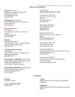 36th
Annual Meeting of the Texas Genetics Society, Austin, TEXAS, April 2-4, 2009
5
Officers and Committees
President: Laura Cox
Southwest Foundation for Biomedical
Research, San Antonio
lcox@sfbrgenetics.org
(210) 258 9687
President-elect: Loren Skow
Texas A&M University, College Station
lskow@tamu.edu
(979) 845-3194
Secretary-Treasurer:
Susan Naylor
Univ Texas Health Science Center, San
Antonio
Naylor@uthscsa.edu
(210) 567-3842
Directors:
Historian: Eldon Sutton
The University of Texas, Austin (Retired)
Eldon.Sutton@mail.utexas.edu
(512) 477-1972
Student/Post-doc/Technician
Jamie Butler
Texas A&M University, College Station
jlb6736@neo.tamu.edu
(409) 880-5579
Past-President, 2007-2008: Carol Wise
Scottish Rite Hospital for Children and UT
Southwestern Medical Center
Carol.Wise@UTSouthwestern.edu
(214) 559-7861
Board Members Elected at Large:
John McCarrey 2006-2009
University of Texas at San
Antonio
jmccarrey@utsa.edu
(210) 458-4507
Penny Riggs 2006-2009
Texas A&M University
riggs@tamu.edu
(979) 845-2616
Ralf Krahe 2007-2010
University of Texas M.D. Anderson
Cancer
Rkrahe@mdanderson.org
Center (713) 834-6345
Robert Bradley 2007-2010
Texas Tech University
robert.bradley@ttu.edu
Ann Killary 2008-2011
University of Texas M.D. Anderson Cancer Center
akillary@mdanderson.org
(713) 792-7833
Karen Vasquez 2008-2011
University of Texas M.D. Anderson Cancer
Center, Smithville.
kvasquez@mdanderson.org
Past-President, 2006-2007: Sue Ann Berend
Genzyme Genetics, Inc. Tampa, FL
Sue.Berend@genzyme.com
(813) 615-4377
Committees
Program
Loren Skow (chair)
Local Arrangements 2009
Rodney Nairn
Awards
Charleen Moore (chair), Rodney Nairn and Bhanu
Chowdhary
Nominating
Heather Conrad-Webb, Terje Raudsepp, and Brenda
Rodgers
 