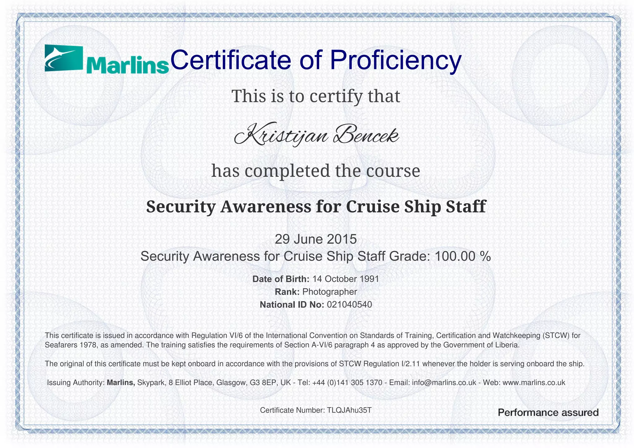 Security Awareness for Cruise Ship Staff Liberia Flag Approved Security