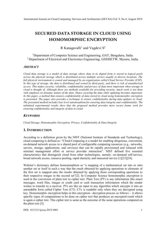 Secured Data Storage in Cloud Using Homomorphic Encryption | PDF