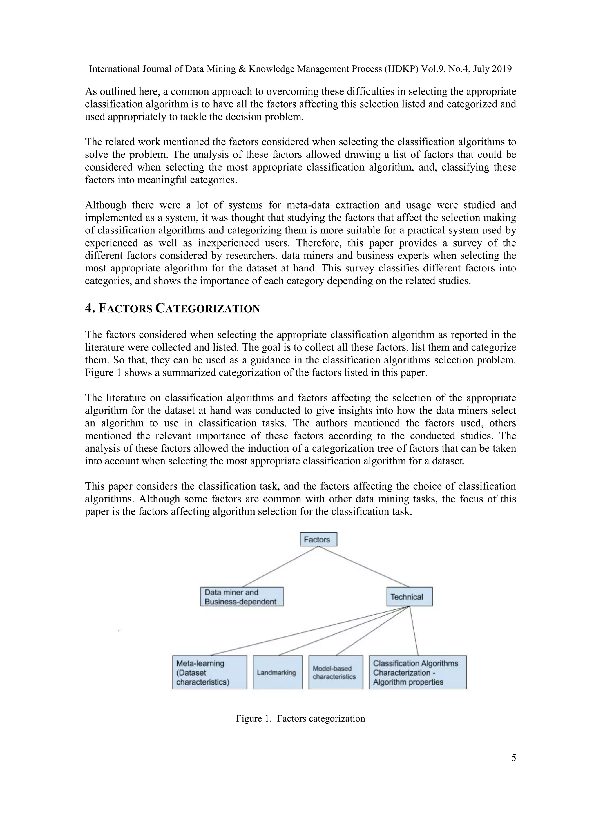 International Journal of Data Mining & Knowledge Management Process (IJDKP) Vol.9, No.4, July 2019 5 As outlined here, a common approach to overcoming these difficulties in selecting the appropriate classification algorithm is to have all the factors affecting this selection listed and categorized and used appropriately to tackle the decision problem. The related work mentioned the factors considered when selecting the classification algorithms to solve the problem. The analysis of these factors allowed drawing a list of factors that could be considered when selecting the most appropriate classification algorithm, and, classifying these factors into meaningful categories. Although there were a lot of systems for meta-data extraction and usage were studied and implemented as a system, it was thought that studying the factors that affect the selection making of classification algorithms and categorizing them is more suitable for a practical system used by experienced as well as inexperienced users. Therefore, this paper provides a survey of the different factors considered by researchers, data miners and business experts when selecting the most appropriate algorithm for the dataset at hand. This survey classifies different factors into categories, and shows the importance of each category depending on the related studies. 4. FACTORS CATEGORIZATION The factors considered when selecting the appropriate classification algorithm as reported in the literature were collected and listed. The goal is to collect all these factors, list them and categorize them. So that, they can be used as a guidance in the classification algorithms selection problem. Figure 1 shows a summarized categorization of the factors listed in this paper. The literature on classification algorithms and factors affecting the selection of the appropriate algorithm for the dataset at hand was conducted to give insights into how the data miners select an algorithm to use in classification tasks. The authors mentioned the factors used, others mentioned the relevant importance of these factors according to the conducted studies. The analysis of these factors allowed the induction of a categorization tree of factors that can be taken into account when selecting the most appropriate classification algorithm for a dataset. This paper considers the classification task, and the factors affecting the choice of classification algorithms. Although some factors are common with other data mining tasks, the focus of this paper is the factors affecting algorithm selection for the classification task. Figure 1. Factors categorization 