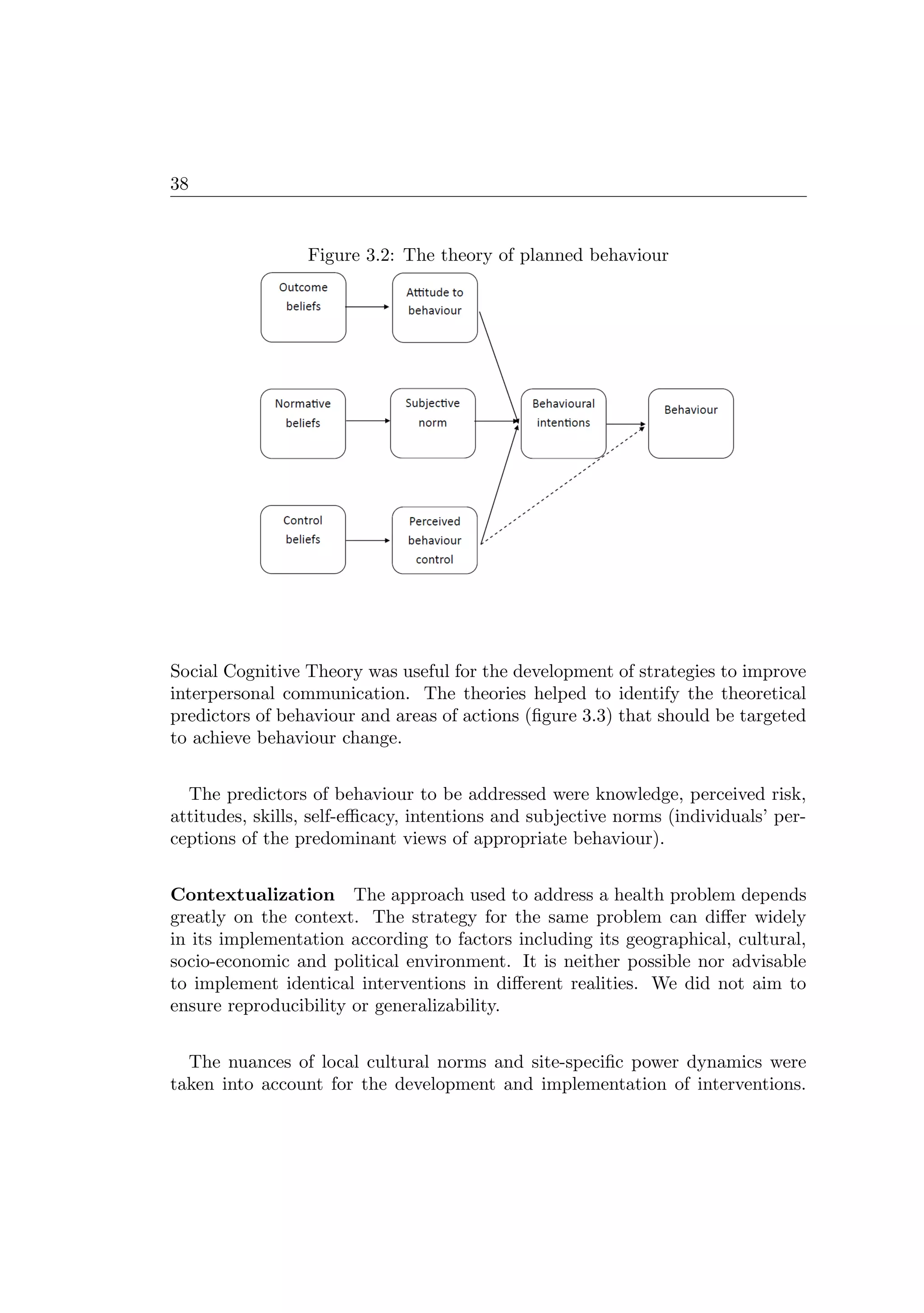 38
Figure 3.2: The theory of planned behaviour
Social Cognitive Theory was useful for the development of strategies to improve
interpersonal communication. The theories helped to identify the theoretical
predictors of behaviour and areas of actions (ﬁgure 3.3) that should be targeted
to achieve behaviour change.
The predictors of behaviour to be addressed were knowledge, perceived risk,
attitudes, skills, self-eﬃcacy, intentions and subjective norms (individuals’ per-
ceptions of the predominant views of appropriate behaviour).
Contextualization The approach used to address a health problem depends
greatly on the context. The strategy for the same problem can diﬀer widely
in its implementation according to factors including its geographical, cultural,
socio-economic and political environment. It is neither possible nor advisable
to implement identical interventions in diﬀerent realities. We did not aim to
ensure reproducibility or generalizability.
The nuances of local cultural norms and site-speciﬁc power dynamics were
taken into account for the development and implementation of interventions.
 