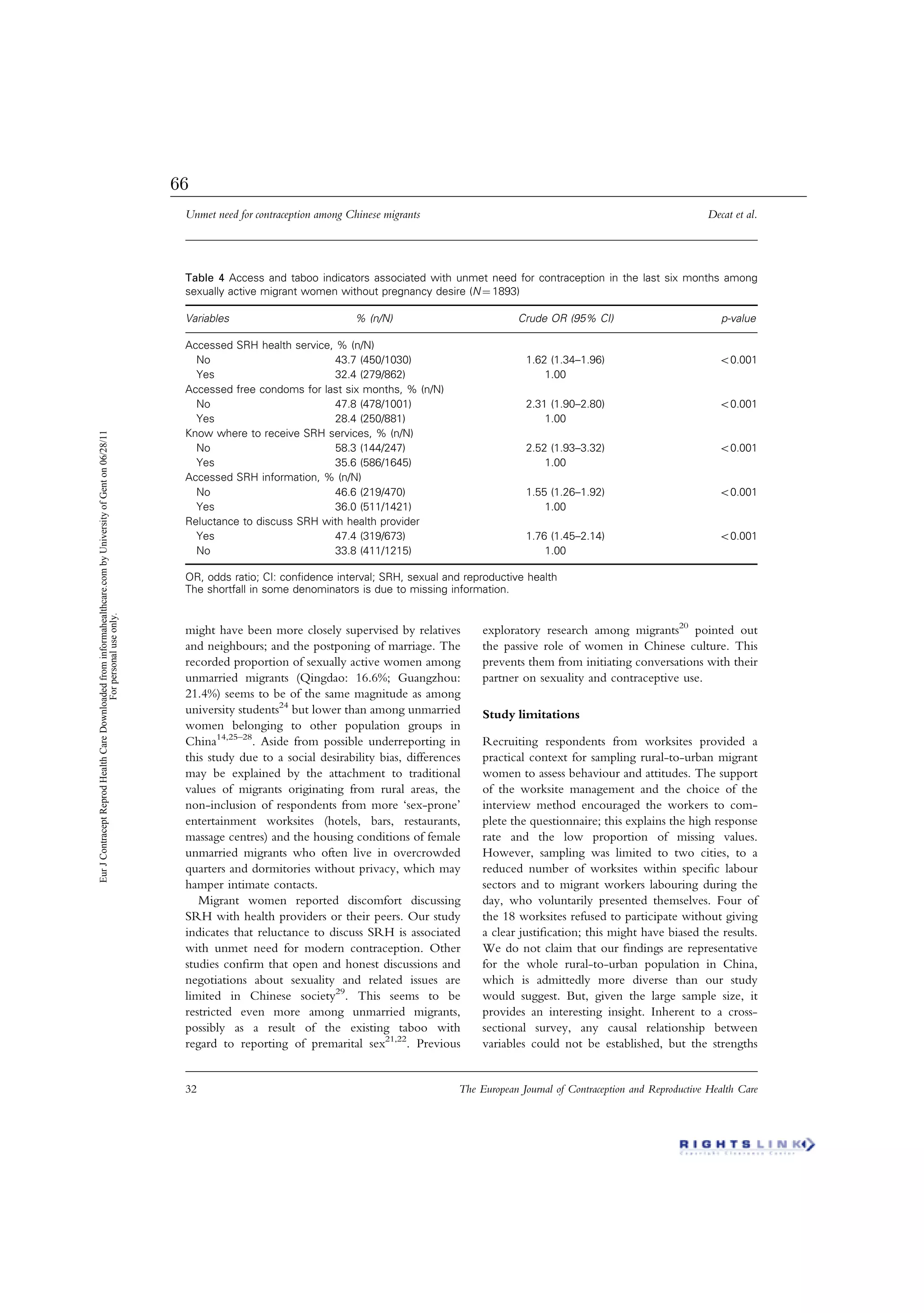 might have been more closely supervised by relatives
and neighbours; and the postponing of marriage. The
recorded proportion of sexually active women among
unmarried migrants (Qingdao: 16.6%; Guangzhou:
21.4%) seems to be of the same magnitude as among
university students24
but lower than among unmarried
women belonging to other population groups in
China14,25–28
. Aside from possible underreporting in
this study due to a social desirability bias, differences
may be explained by the attachment to traditional
values of migrants originating from rural areas, the
non-inclusion of respondents from more ‘sex-prone’
entertainment worksites (hotels, bars, restaurants,
massage centres) and the housing conditions of female
unmarried migrants who often live in overcrowded
quarters and dormitories without privacy, which may
hamper intimate contacts.
Migrant women reported discomfort discussing
SRH with health providers or their peers. Our study
indicates that reluctance to discuss SRH is associated
with unmet need for modern contraception. Other
studies conﬁrm that open and honest discussions and
negotiations about sexuality and related issues are
limited in Chinese society29
. This seems to be
restricted even more among unmarried migrants,
possibly as a result of the existing taboo with
regard to reporting of premarital sex21,22
. Previous
exploratory research among migrants20
pointed out
the passive role of women in Chinese culture. This
prevents them from initiating conversations with their
partner on sexuality and contraceptive use.
Study limitations
Recruiting respondents from worksites provided a
practical context for sampling rural-to-urban migrant
women to assess behaviour and attitudes. The support
of the worksite management and the choice of the
interview method encouraged the workers to com-
plete the questionnaire; this explains the high response
rate and the low proportion of missing values.
However, sampling was limited to two cities, to a
reduced number of worksites within speciﬁc labour
sectors and to migrant workers labouring during the
day, who voluntarily presented themselves. Four of
the 18 worksites refused to participate without giving
a clear justiﬁcation; this might have biased the results.
We do not claim that our ﬁndings are representative
for the whole rural-to-urban population in China,
which is admittedly more diverse than our study
would suggest. But, given the large sample size, it
provides an interesting insight. Inherent to a cross-
sectional survey, any causal relationship between
variables could not be established, but the strengths
Table 4 Access and taboo indicators associated with unmet need for contraception in the last six months among
sexually active migrant women without pregnancy desire (N ¼ 1893)
Variables % (n/N) Crude OR (95% CI) p-value
Accessed SRH health service, % (n/N)
No 43.7 (450/1030) 1.62 (1.34–1.96) 50.001
Yes 32.4 (279/862) 1.00
Accessed free condoms for last six months, % (n/N)
No 47.8 (478/1001) 2.31 (1.90–2.80) 50.001
Yes 28.4 (250/881) 1.00
Know where to receive SRH services, % (n/N)
No 58.3 (144/247) 2.52 (1.93–3.32) 50.001
Yes 35.6 (586/1645) 1.00
Accessed SRH information, % (n/N)
No 46.6 (219/470) 1.55 (1.26–1.92) 50.001
Yes 36.0 (511/1421) 1.00
Reluctance to discuss SRH with health provider
Yes 47.4 (319/673) 1.76 (1.45–2.14) 50.001
No 33.8 (411/1215) 1.00
OR, odds ratio; CI: conﬁdence interval; SRH, sexual and reproductive health
The shortfall in some denominators is due to missing information.
Unmet need for contraception among Chinese migrants Decat et al.
32 The European Journal of Contraception and Reproductive Health Care
EurJContraceptReprodHealthCareDownloadedfrominformahealthcare.combyUniversityofGenton06/28/11
Forpersonaluseonly.
66
 
