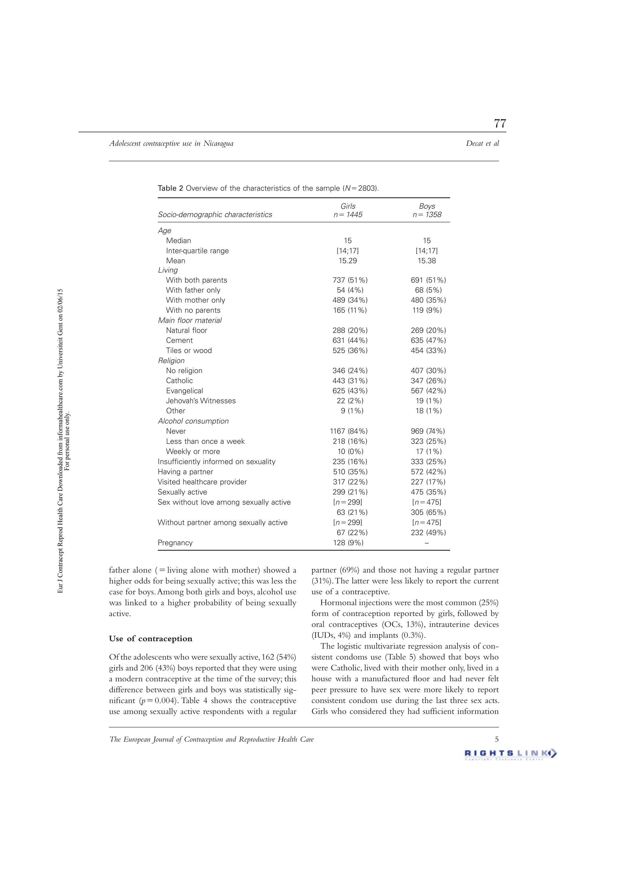 Adolescent contraceptive use in Nicaragua Decat et al
The European Journal of Contraception and Reproductive Health Care 5
father alone (ϭliving alone with mother) showed a
higher odds for being sexually active; this was less the
case for boys.Among both girls and boys, alcohol use
was linked to a higher probability of being sexually
active.
Use of contraception
Of the adolescents who were sexually active,162 (54%)
girls and 206 (43%) boys reported that they were using
a modern contraceptive at the time of the survey; this
difference between girls and boys was statistically sig-
niﬁcant (pϭ0.004). Table 4 shows the contraceptive
use among sexually active respondents with a regular
partner (69%) and those not having a regular partner
(31%).The latter were less likely to report the current
use of a contraceptive.
Hormonal injections were the most common (25%)
form of contraception reported by girls, followed by
oral contraceptives (OCs, 13%), intrauterine devices
(IUDs, 4%) and implants (0.3%).
The logistic multivariate regression analysis of con-
sistent condoms use (Table 5) showed that boys who
were Catholic, lived with their mother only, lived in a
house with a manufactured ﬂoor and had never felt
peer pressure to have sex were more likely to report
consistent condom use during the last three sex acts.
Girls who considered they had sufﬁcient information
Table 2 Overview of the characteristics of the sample (Nϭ2803).
Socio-demographic characteristics
Girls
nϭ1445
Boys
nϭ1358
Age
Median
Inter-quartile range
Mean
15
[14;17]
15.29
15
[14;17]
15.38
Living
With both parents
With father only
With mother only
With no parents
737 (51%)
54 (4%)
489 (34%)
165 (11%)
691 (51%)
68 (5%)
480 (35%)
119 (9%)
Main ﬂoor material
Natural ﬂoor
Cement
Tiles or wood
288 (20%)
631 (44%)
525 (36%)
269 (20%)
635 (47%)
454 (33%)
Religion
No religion
Catholic
Evangelical
Jehovah’s Witnesses
Other
346 (24%)
443 (31%)
625 (43%)
22 (2%)
9 (1%)
407 (30%)
347 (26%)
567 (42%)
19 (1%)
18 (1%)
Alcohol consumption
Never 1167 (84%) 969 (74%)
Less than once a week 218 (16%) 323 (25%)
Weekly or more 10 (0%) 17 (1%)
Insufﬁciently informed on sexuality 235 (16%) 333 (25%)
Having a partner 510 (35%) 572 (42%)
Visited healthcare provider 317 (22%) 227 (17%)
Sexually active 299 (21%) 475 (35%)
Sex without love among sexually active [nϭ299] [nϭ475]
63 (21%) 305 (65%)
Without partner among sexually active [nϭ299] [nϭ475]
67 (22%) 232 (49%)
Pregnancy 128 (9%) –
EurJContraceptReprodHealthCareDownloadedfrominformahealthcare.combyUniversiteitGenton02/06/15
Forpersonaluseonly.
77
 