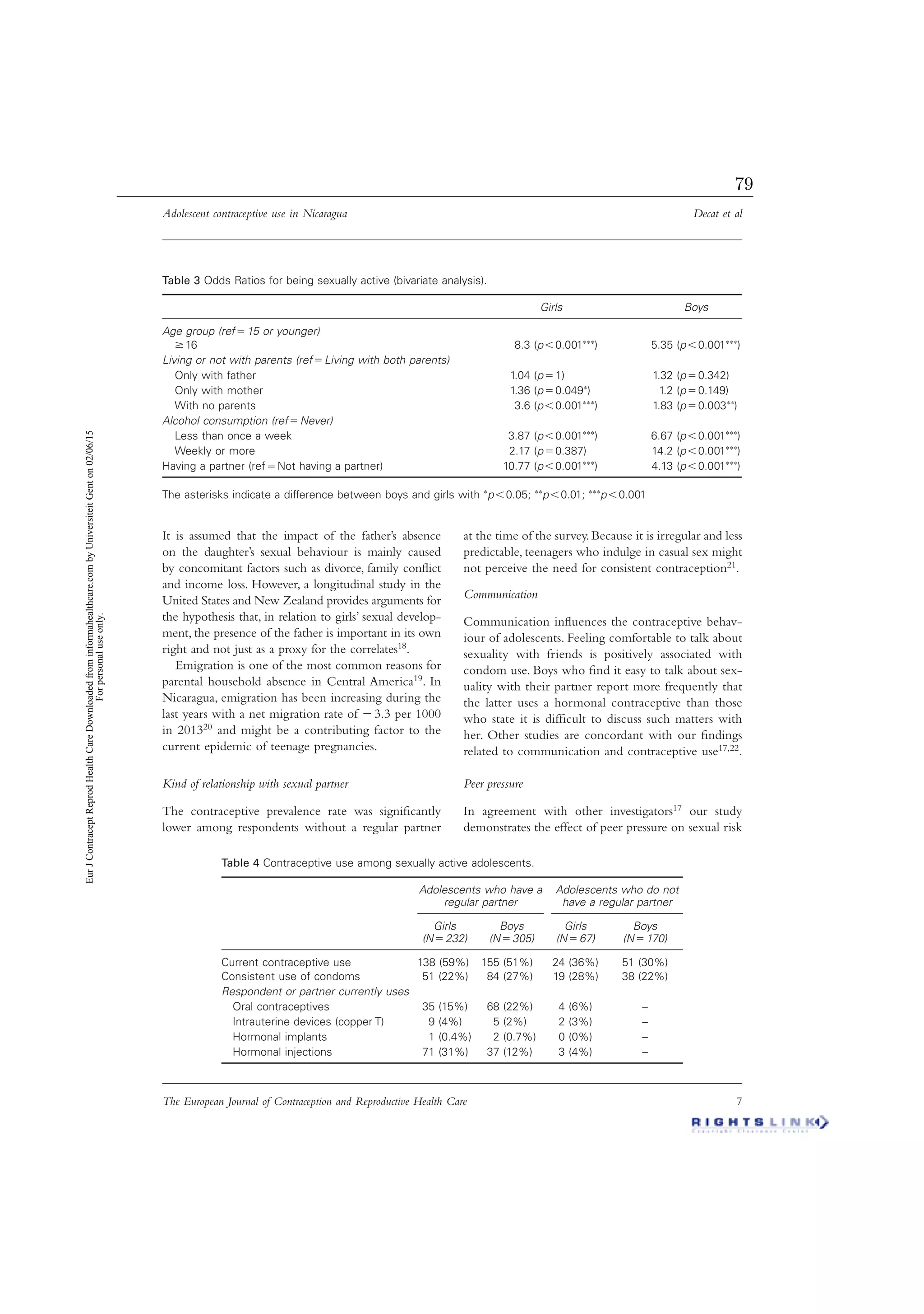 Adolescent contraceptive use in Nicaragua Decat et al
The European Journal of Contraception and Reproductive Health Care 7
It is assumed that the impact of the father’s absence
on the daughter’s sexual behaviour is mainly caused
by concomitant factors such as divorce, family conﬂict
and income loss. However, a longitudinal study in the
United States and New Zealand provides arguments for
the hypothesis that, in relation to girls’ sexual develop-
ment, the presence of the father is important in its own
right and not just as a proxy for the correlates18.
Emigration is one of the most common reasons for
parental household absence in Central America19. In
Nicaragua, emigration has been increasing during the
last years with a net migration rate of Ϫ3.3 per 1000
in 201320 and might be a contributing factor to the
current epidemic of teenage pregnancies.
Kind of relationship with sexual partner
The contraceptive prevalence rate was signiﬁcantly
lower among respondents without a regular partner
at the time of the survey.Because it is irregular and less
predictable, teenagers who indulge in casual sex might
not perceive the need for consistent contraception21.
Communication
Communication inﬂuences the contraceptive behav-
iour of adolescents. Feeling comfortable to talk about
sexuality with friends is positively associated with
condom use. Boys who ﬁnd it easy to talk about sex-
uality with their partner report more frequently that
the latter uses a hormonal contraceptive than those
who state it is difﬁcult to discuss such matters with
her. Other studies are concordant with our ﬁndings
related to communication and contraceptive use17,22.
Peer pressure
In agreement with other investigators17 our study
demonstrates the effect of peer pressure on sexual risk
Table 4 Contraceptive use among sexually active adolescents.
Adolescents who have a
regular partner
Adolescents who do not
have a regular partner
Girls
(Nϭ232)
Boys
(Nϭ305)
Girls
(Nϭ67)
Boys
(Nϭ170)
Current contraceptive use 138 (59%) 155 (51%) 24 (36%) 51 (30%)
Consistent use of condoms 51 (22%) 84 (27%) 19 (28%) 38 (22%)
Respondent or partner currently uses
Oral contraceptives 35 (15%) 68 (22%) 4 (6%) –
Intrauterine devices (copper T) 9 (4%) 5 (2%) 2 (3%) –
Hormonal implants 1 (0.4%) 2 (0.7%) 0 (0%) –
Hormonal injections 71 (31%) 37 (12%) 3 (4%) –
Table 3 Odds Ratios for being sexually active (bivariate analysis).
Girls Boys
Age group (refϭ15 or younger)
Ն16 8.3 (pϽ0.001∗∗∗) 5.35 (pϽ0.001∗∗∗)
Living or not with parents (refϭLiving with both parents)
Only with father 1.04 (pϭ1) 1.32 (pϭ0.342)
Only with mother 1.36 (pϭ0.049∗) 1.2 (pϭ0.149)
With no parents 3.6 (pϽ0.001∗∗∗) 1.83 (pϭ0.003∗∗)
Alcohol consumption (refϭNever)
Less than once a week 3.87 (pϽ0.001∗∗∗) 6.67 (pϽ0.001∗∗∗)
Weekly or more 2.17 (pϭ0.387) 14.2 (pϽ0.001∗∗∗)
Having a partner (refϭNot having a partner) 10.77 (pϽ0.001∗∗∗) 4.13 (pϽ0.001∗∗∗)
The asterisks indicate a difference between boys and girls with ∗pϽ0.05; ∗∗pϽ0.01; ∗∗∗pϽ0.001
EurJContraceptReprodHealthCareDownloadedfrominformahealthcare.combyUniversiteitGenton02/06/15
Forpersonaluseonly.
79
 