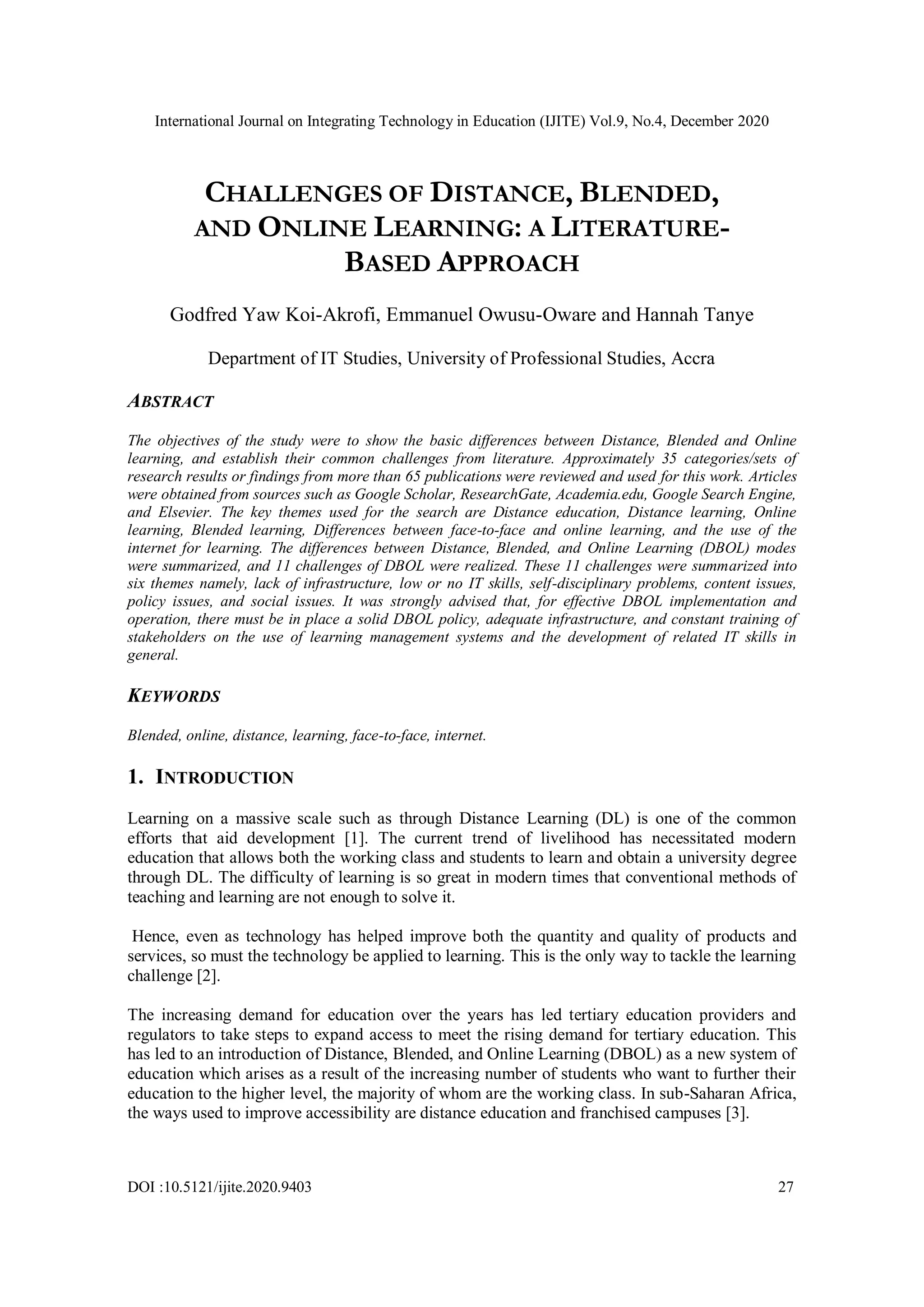 CHALLENGES OF DISTANCE, BLENDED, AND ONLINE LEARNING: A LITERATUREBASED APPROACH