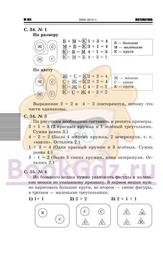 184 МАТЕМАТИКА2009–2010 гг.
Ñ. 34. ¹ 1
Ïî ðàçìåðó
Á + Ì = Ê
Ì + Á = Ê
Ê – Á = Ì
Ê – Ì = Á
1 + 3 = 4
3 + 1 = 4
4 – 1 = 3
4 – 3 = 1
Ïî öâåòó
Æ + Ñ = Ê
Ñ + Æ = Ê
Ê – Æ = Ñ
Ê – Ñ = Æ
2 + 2 = 4
2 + 2 = 4
4 – 2 = 2
4 – 2 = 2
Âûðàæåíèå 2 + 2 è 4 – 2 ïîâòîðÿþòñÿ, ïîòîìó ÷òî
÷àñòè îäèíàêîâû.
Ñ. 34. ¹ 3
Ïî ðèñóíêàì íåîáõîäèìî ñîñòàâèòü è ðåøèòü ïðèìåðû.
2 + 1 = 3 (2 êðàñíûõ êðóæêà è 1 çåë¸íûé òðåóãîëüíèê.
Ñóììà ðàâíà 3.)
4 – 2 = 2 (Áûëî 4 æ¸ëòûõ êðóæêà, 2 çà÷åðêíóëè, ò. å.
«âçÿëè». Îñòàëîñü 2.)
1 + 3 = 4 (Îäèí êðàñíûé êðóæîê è 3 çåë¸íûõ. Ñóììà
ðàâíà 4.)
3 – 1 = 2 (Áûëî 3 ñèíèõ êðóæêà, îäèí çà÷åðêíóëè. Îñ-
òàëîñü 2.)
Ñ. 35. ¹ 4
Èç áîëüøîãî ìåøêà íóæíî ðàçëîæèòü ôèãóðû â ìàëåíü-
êèå ìåøêè ïî óêàçàííîìó ïðèçíàêó. Â ïåðâîì ìåøêå íóæ-
íî íàðèñîâàòü áîëüøèå êðóãè, âî âòîðîì — ñèíèå ôèãóðû,
â òðåòüåì — ìàëåíüêèå òðåóãîëüíèêè.
1) 1+ 1 2) 2 + 2 3) 2 + 1 + 1
Á — áîëüøèåÁ — áîëüøèå
Ì — ìàëåíüêèåÌ — ìàëåíüêèå
Ê — êðóãèÊ — êðóãè
Ê
Ê
Ê
Ê
Æ — æ¸ëòûåÆ — æ¸ëòûå
Ñ — ñèíèåÑ — ñèíèå
Ê — êðóãèÊ — êðóãè
Ê
Ê
Ê
Ê
 