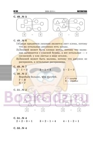 190 МАТЕМАТИКА2009–2010 гг.
Ñ. 49. ¹ 5
Ñ. 49. ¹ 6
1)Ñðåäè ïðåäìåòîâ ëèøíèì ÿâëÿåòñÿ ëèñò êëåíà, ïîòîìó
÷òî íà îñòàëüíûõ ðèñóíêàõ åñòü ïëîäû.
2)Ëèøíåé ìîæåò áûòü åëîâàÿ âåòêà, ïîòîìó ÷òî íàçâà-
íèå íà÷èíàåòñÿ ñ ãëàñíîé áóêâû, à âñå îñòàëüíûå — ñ
ñîãëàñíîé; ó åëè ëèñòüÿ â âèäå èãîëîê.
3)Ëèøíåé ìîæåò áûòü ìàëèíà, ïîòîìó ÷òî ðèñóíîê íå
ðàñêðàøåí, à îñòàëüíûå ðàñêðàøåíû.
Ñ. 49. ¹ 7
4 – 1 = 3 5 – 1 = 4 5 – 2 = 3
Ñ. 50. ¹ 2
Âîðîáü¸â áîëüøå, ÷åì ãîëóáåé.
Ã < Â
Â > Ã
Ñ. 51. ¹ 2
Ñ. 51. ¹ 4
2 + 2 – 3 = 1 3 + 2 – 1 = 4 4 – 1 – 2 = 1
Ñ. 53. ¹ 4
Ã — ãîëóáèÃ — ãîëóáè
Â — âîðîáüèÂ — âîðîáüè
 