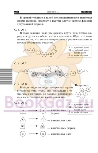 168 МАТЕМАТИКА2009–2010 гг.
Â ïðàâîé òàáëèöå â òàêîé æå çàêîíîìåðíîñòè ìåíÿåòñÿ
ôîðìà ôëàæêà, ïîýòîìó â ïóñòîé êëåòêå ðèñóåì ôëàæîê
òðåóãîëüíîé ôîðìû.
Ñ. 4. ¹ 1
Â ýòîì çàäàíèè íàäî ðàñêðàñèòü êðóãè òàê, ÷òîáû ïî-
ðÿäîê êðóãîâ íà îáåèõ íèòêàõ ñîâïàäàë. Îáðàòèòå âíè-
ìàíèå íà òî, ÷òî íèòêè íàïðàâëåíû â ðàçíûå ñòîðîíû è
íà÷àëî îáîçíà÷åíî óçåëêîì.
Ñ. 4. ¹ 2
Ñ. 4. ¹ 3
Â ýòîì çàäàíèè íàäî ðàñêðàñèòü êðóãè
â òåëåæêå òàê, ÷òîáû îíè ñîâïàäàëè ñ òå-
ìè, ÷òî è íà íèòêå, íî ïîðÿäîê ðàñïîëîæå-
íèÿ èõ â òåëåæêå íå èìååò çíà÷åíèÿ.
Ñ. 4. ¹ 4
— èçìåíèëàñü
ôîðìà
— èçìåíèëñÿ öâåò
— èçìåíèëàñü ôîðìà
— èçìåíèëñÿ öâåò
Ê — êðàñíûé öâåòÊ — êðàñíûé öâåò
Æ — æ¸ëòûé öâåòÆ — æ¸ëòûé öâåò
Ñ — ñèíèé öâåòÑ — ñèíèé öâåò
Ç — çåë¸íûé öâåòÇ — çåë¸íûé öâåò
Íàïðèìåð:Íàïðèìåð:
Ê — êðàñíûé öâåòÊ — êðàñíûé öâåò
Æ — æ¸ëòûé öâåòÆ — æ¸ëòûé öâåò
Ñ — ñèíèé öâåòÑ — ñèíèé öâåò
Ç — çåë¸íûé öâåòÇ — çåë¸íûé öâåò
 