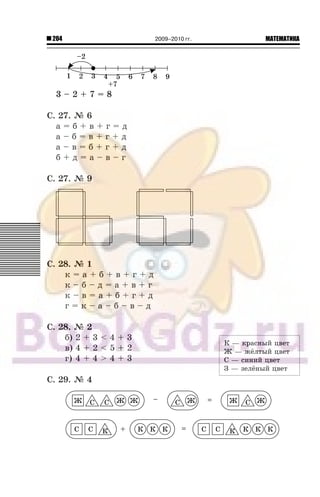 204 МАТЕМАТИКА2009–2010 гг.
3 – 2 + 7 = 8
Ñ. 27. ¹ 6
à = á + â + ã = ä
à – á = â + ã + ä
à – â = á + ã + ä
á + ä = à – â – ã
Ñ. 27. ¹ 9
Ñ. 28. ¹ 1
ê = à + á + â + ã + ä
ê – á – ä = à + â + ã
ê – â = à + á + ã + ä
ã = ê – à – á – â – ä
Ñ. 28. ¹ 2
á) 2 + 3 < 4 + 3
â) 4 + 2 < 5 + 2
ã) 4 + 4 > 4 + 3
Ñ. 29. ¹ 4
Ê — êðàñíûé öâåòÊ — êðàñíûé öâåò
Æ — æ¸ëòûé öâåòÆ — æ¸ëòûé öâåò
Ñ — ñèíèé öâåòÑ — ñèíèé öâåò
Ç — çåë¸íûé öâåòÇ — çåë¸íûé öâåò
 