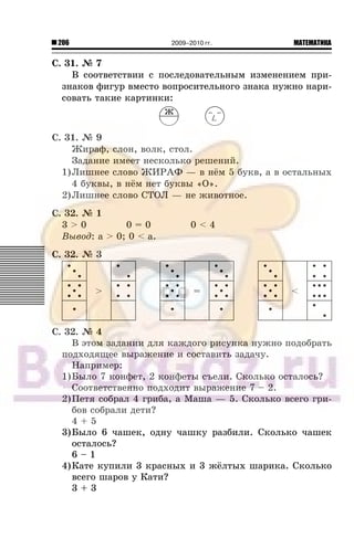 206 МАТЕМАТИКА2009–2010 гг.
Ñ. 31. ¹ 7
Â ñîîòâåòñòâèè ñ ïîñëåäîâàòåëüíûì èçìåíåíèåì ïðè-
çíàêîâ ôèãóð âìåñòî âîïðîñèòåëüíîãî çíàêà íóæíî íàðè-
ñîâàòü òàêèå êàðòèíêè:
Ñ. 31. ¹ 9
Æèðàô, ñëîí, âîëê, ñòîë.
Çàäàíèå èìååò íåñêîëüêî ðåøåíèé.
1)Ëèøíåå ñëîâî ÆÈÐÀÔ — â í¸ì 5 áóêâ, à â îñòàëüíûõ
4 áóêâû, â í¸ì íåò áóêâû «Î».
2)Ëèøíåå ñëîâî ÑÒÎË — íå æèâîòíîå.
Ñ. 32. ¹ 1
3 > 0 0 = 0 0 < 4
Âûâîä: a > 0; 0 < a.
Ñ. 32. ¹ 3
> = <
Ñ. 32. ¹ 4
Â ýòîì çàäàíèè äëÿ êàæäîãî ðèñóíêà íóæíî ïîäîáðàòü
ïîäõîäÿùåå âûðàæåíèå è ñîñòàâèòü çàäà÷ó.
Íàïðèìåð:
1)Áûëî 7 êîíôåò, 2 êîíôåòû ñúåëè. Ñêîëüêî îñòàëîñü?
Ñîîòâåòñòâåííî ïîäõîäèò âûðàæåíèå 7 – 2.
2)Ïåòÿ ñîáðàë 4 ãðèáà, à Ìàøà — 5. Ñêîëüêî âñåãî ãðè-
áîâ ñîáðàëè äåòè?
4 + 5
3)Áûëî 6 ÷àøåê, îäíó ÷àøêó ðàçáèëè. Ñêîëüêî ÷àøåê
îñòàëîñü?
6 – 1
4)Êàòå êóïèëè 3 êðàñíûõ è 3 æ¸ëòûõ øàðèêà. Ñêîëüêî
âñåãî øàðîâ ó Êàòè?
3 + 3
 
