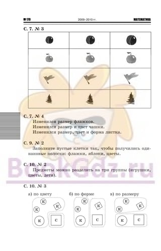 170 МАТЕМАТИКА2009–2010 гг.
Ñ. 7. ¹ 3
Ñ. 7. ¹ 4
Èçìåíèëñÿ ðàçìåð ôëàæêîâ.
Èçìåíèëñÿ ðàçìåð è öâåò ÷àøêè.
Èçìåíèëñÿ ðàçìåð, öâåò è ôîðìà ëèñòêà.
Ñ. 9. ¹ 2
Çàïîëíèòå ïóñòûå êëåòêè òàê, ÷òîáû ïîëó÷èëèñü îäè-
íàêîâûå ïîëîñêè: ôëàæêè, ÿáëîêè, öâåòû.
Ñ. 10. ¹ 2
Ïðåäìåòû ìîæíî ðàçäåëèòü íà òðè ãðóïïû (èãðóøêè,
öâåòû, äåòè).
Ñ. 10. ¹ 3
à) ïî öâåòó á) ïî ôîðìå â) ïî ðàçìåðó
 