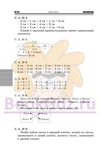 220 МАТЕМАТИКА2009–2010 гг.
Ñ. 4. ¹ 4
3 ñì + 1 ñì + 3 ñì + 1 ñì = 8 ñì
2 ñì + 3 ñì + 4 ñì = 9 ñì
2 ñì + 2 ñì + 2 ñì + 2 ñì = 8 ñì
Ñèíèé è êðàñíûé ïðÿìîóãîëüíèêè èìåþò îäèíàêîâûé
ïåðèìåòð.
Ñ. 5. ¹ 5
7 – 2 – 2 = 3 (ñì)
Îòâåò: 3 ñì.
Ñ. 5. ¹ 6
3 ñì < 9 ñì 5 ñì + 2 ñì = 2 ñì + 5 ñì
5 ñì > 2 ñì 6 ñì – 3 ñì < 6 ñì + 1 ñì
6 ñì < 7 ñì 7 ñì – 4 ñì > 5 ñì – 4 ñì
Ñ. 5. ¹ 7
4 + 3 = 7 8 – 4 = 4 5 + 0 = 5
5 + 2 = 7 6 – 5 = 1 0 + 3 = 3
9 – 3 = 6 7 + 2 = 9 6 – 6 = 0
Ñ. 5. ¹ 8
Ïåòÿ íà 2 ãîäà ñòàðøå Áåëîâà, çíà÷èò, Ïåòÿ è Áåëîâ —
ðàçíûå ëþäè. Ñëåäîâàòåëüíî, Ïåòÿ — ×åðíîâ, à Ìèøà —
Áåëîâ.
Ðåøåíèå ýòîé çàäà÷è ìîæåò âûãëÿäåòü òàê:
Ñ. 5. ¹ 9
×òîáû íàéòè ÷èñëî â ñðåäíåé êëåòêå, íóæíî èç ÷èñëà,
çàïèñàííîãî â ëåâîé êëåòêå, âû÷åñòü ÷èñëî, çàïèñàííîå
â ïðàâîé êëåòêå.
 