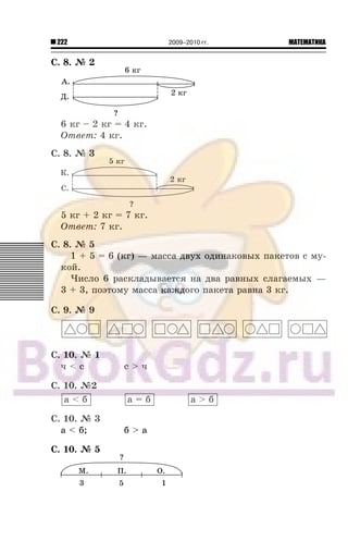 222 МАТЕМАТИКА2009–2010 гг.
Ñ. 8. ¹ 2
6 êã – 2 êã = 4 êã.
Îòâåò: 4 êã.
Ñ. 8. ¹ 3
5 êã + 2 êã = 7 êã.
Îòâåò: 7 êã.
Ñ. 8. ¹ 5
1 + 5 = 6 (êã) — ìàññà äâóõ îäèíàêîâûõ ïàêåòîâ ñ ìó-
êîé.
×èñëî 6 ðàñêëàäûâàåòñÿ íà äâà ðàâíûõ ñëàãàåìûõ —
3 + 3, ïîýòîìó ìàññà êàæäîãî ïàêåòà ðàâíà 3 êã.
Ñ. 9. ¹ 9
Ñ. 10. ¹ 1
÷ < ñ ñ > ÷
Ñ. 10. ¹2
à < á à = á à > á
Ñ. 10. ¹ 3
à < á; á > à
Ñ. 10. ¹ 5
 