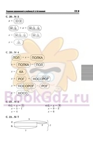 229Решение упражнений к учебнику Н. Б. Истоминой
Ñ. 20. ¹ 3
x =
+ x =
x = –
x =
Ñ. 20. ¹ 4
+ x =
x = –
x =
x + =
x = –
x =
Ñ. 21. ¹ 5
á) 1 + x = 5
x = 5 – 1
x = 4
â)3 + x = 9
x = 9 – 3
x = 6
Ñ. 21. ¹ 7
 