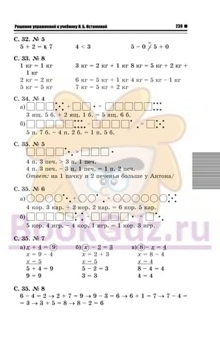 239Решение упражнений к учебнику Н. Б. Истоминой
Ñ. 32. ¹ 5
5 + 2 = 7 4 < 3 5 – 0 5 + 0
Ñ. 33. ¹ 8
1 êã = 1 êã 3 êã = 2 êã + 1 êã 8 êã = 5 êã + 2 êã +
1 êã
2 êã = 2 êã 6 êã = 5 êã + 1 êã 4 êã = 5 êã – 1 êã
5 êã = 5 êã 7 êã = 5 êã + 2 êã
Ñ. 34. ¹ 4
à)
3 ÿù. 5 á. + 2 ÿù. 1 á. = 5 ÿù. 6 á.
á)
5 ï. 7 á. – 4 ï. 2 á. = 1 ï. 5 á.
Ñ. 35. ¹ 5
4 ï. 3 ïå÷. > 3 ï. 1 ïå÷.
4 ï. 3 ïå÷. – 3 ï. 1 ïå÷. = 1 ï. 2 ïå÷.
Îòâåò: íà 1 ïà÷êó è 2 ïå÷åíüÿ áîëüøå ó Àíòîíà/
Ñ. 35. ¹ 6
à)
4 êîð. 3 êàð. + 2 êîð. 2 êàð. = 6 êîð. 5 êàð.
á)
5 êîð. 4 èãð. – 4 êîð. 1 èãð. = 1 êîð. 3 èãð.
Ñ. 35. ¹ 7
à) x + 4 = 9
x = 9 – 4
x = 5
5 + 4 = 9
9 = 9
á) x – 2 = 3
x = 2 + 3
x = 5
5 – 2 = 3
3 = 3
â) 8 – x = 4
x = 8 – 4
x = 4
8 – 4 = 4
4 = 4
Ñ. 35. ¹ 8
6 – 4 = 2 → 2 + 7 = 9 → 9 – 3 = 6 → 6 + 1 = 7 → 7 – 4 =
= 3 → 3 + 5 = 8 → 8 – 2 = 6
 