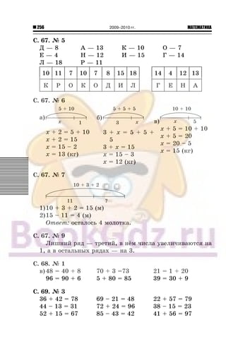 256 МАТЕМАТИКА2009–2010 гг.
Ñ. 67. ¹ 5
Ä — 8 À — 13 Ê — 10 Î — 7
Å — 4 Í — 12 È — 15 Ã — 14
Ë — 18 Ð — 11
10 11 7 10 7 8 15 18 14 4 12 13
Ê Ð Î Ê Î Ä È Ë Ã Å Í À
Ñ. 67. ¹ 6
à)
x + 2 = 5 + 10
x + 2 = 15
x = 15 – 2
x = 13 (êã)
á)
3 + x = 5 + 5 +
5
3 + x = 15
x = 15 – 3
x = 12 (êã)
â)
x + 5 = 10 + 10
x + 5 = 20
x = 20 – 5
x = 15 (êã)
Ñ. 67. ¹ 7
2)15 – 11 = 4 (ì)
Îòâåò: îñòàëîñü 4 ìîëîòêà.
Ñ. 67. ¹ 9
Ëèøíèé ðÿä — òðåòèé, â í¸ì ÷èñëà óâåëè÷èâàþòñÿ íà
1, à â îñòàëüíûõ ðÿäàõ — íà 3.
Ñ. 68. ¹ 1
â)48 = 40 + 8 70 + 3 =73 21 = 1 + 20
96 = 90 + 6 5 + 80 = 85 39 = 30 + 9
Ñ. 69. ¹ 3
36 + 42 = 78 69 – 21 = 48 22 + 57 = 79
44 – 13 = 31 72 + 24 = 96 38 – 15 = 23
52 + 15 = 67 85 – 43 = 42 41 + 56 = 97
 