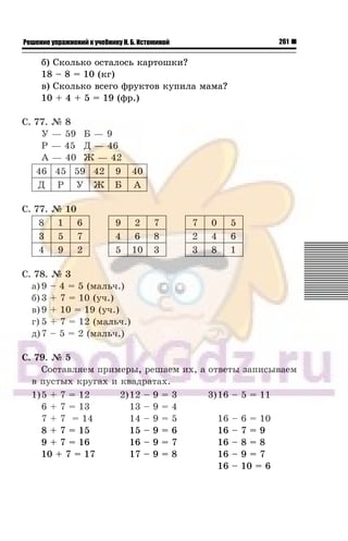 261Решение упражнений к учебнику Н. Б. Истоминой
á) Ñêîëüêî îñòàëîñü êàðòîøêè?
18 – 8 = 10 (êã)
â) Ñêîëüêî âñåãî ôðóêòîâ êóïèëà ìàìà?
10 + 4 + 5 = 19 (ôð.)
Ñ. 77. ¹ 8
Ó — 59 Á — 9
Ð — 45 Ä — 46
À — 40 Æ — 42
46 45 59 42 9 40
Ä Ð Ó Æ Á À
Ñ. 77. ¹ 10
8 1 6 9 2 7 7 0 5
3 5 7 4 6 8 2 4 6
4 9 2 5 10 3 3 8 1
Ñ. 78. ¹ 3
à) 9 – 4 = 5 (ìàëü÷.)
á) 3 + 7 = 10 (ó÷.)
â)9 + 10 = 19 (ó÷.)
ã) 5 + 7 = 12 (ìàëü÷.)
ä)7 – 5 = 2 (ìàëü÷.)
Ñ. 79. ¹ 5
Ñîñòàâëÿåì ïðèìåðû, ðåøàåì èõ, à îòâåòû çàïèñûâàåì
â ïóñòûõ êðóãàõ è êâàäðàòàõ.
1)5 + 7 = 12
6 + 7 = 13
7 + 7 = 14
8 + 7 = 15
9 + 7 = 16
10 + 7 = 17
2)12 – 9 = 3
13 – 9 = 4
14 – 9 = 5
15 – 9 = 6
16 – 9 = 7
17 – 9 = 8
3)16 – 5 = 11
16 – 6 = 10
16 – 7 = 9
16 – 8 = 8
16 – 9 = 7
16 – 10 = 6
 