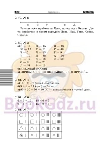 262 МАТЕМАТИКА2009–2010 гг.
Ñ. 79. ¹ 8
Ðàíüøå âñåõ ïðèáåæàëà Ëåíà, ïîçæå âñåõ Îêñàíà. Äå-
òè ïðèáåãàëè â òàêîì ïîðÿäêå: Ëåíà, Èðà, Òàíÿ, Ñâåòà,
Îêñàíà.
Ñ. 80. ¹ 2
à) É — 14 Í — 15 ß — 46
Þ — 17 Ó — 11 Ð — 40
Ç — 5 Ë — 13 Ã — 9
× — 19 È — 88 À — 66
Ï — 12 Ä — 18 Ñ — 60
Î — 8 Å — 20
Ë — 31 Â — 16
á) ÍÈÊÎËÀÉ ÍÎÑÎÂ;
â)«ÏÐÈÊËÞ×ÅÍÈß ÍÅÇÍÀÉÊÈ È ÅÃÎ ÄÐÓÇÅÉ».
Ñ. 81. ¹ 4
à) 16 – 9 = 7 (ìàë.) — îñòàëîñü;
á) 9 + 8 = 17 (äåò.) — áûëî.
â)90 – 20 – 30 = 40 (ë) — èñïîëüçîâàëè â òðåòèé äåíü.
Ñ. 81. ¹ 6
6 + 9 = 15 15 – 6 = 9
9 + 6 = 15 15 – 9 = 6
Ñ. 81. ¹ 7
 