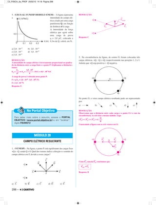 5. (UECS-AL-VUNESP-MODELO ENEM) – A figura representa
a intensidade do campo elé-
trico criado por uma carga
puntiforme Q, em função
da distância d à carga.
A intensidade da força
elétrica que agirá sobre
uma carga de prova
q = 2,0 µC, colocada a
0,3m de Q, valerá, em N,
a) 2,0 . 10–3 b) 2,0 . 10–2
c) 2,0 . 10–1 d) 1,0 . 10–2
e) 1,0 . 10–1
1. (VUNESP) – Na figura, o ponto P está equidistante das cargas fixas
+Q e –Q, sendo Q > 0. Qual dos vetores indica a direção e o sentido do
campo elétrico em P, devido a essas cargas?
a) A
→
b) B
→
c) C
→
d) D
→
e) E
→
RESOLUÇÃO:
Resposta: C
2. Na circunferência da figura, de centro O, foram colocadas três
cargas elétricas, +Q, –Q e +Q, respectivamente nas posições 1, 2 e 3.
Admita que +Q seja positiva e –Q negativa.
No ponto O, o vetor campo elétrico resultante pode ser representado
por:
a) b) c) d) e)
RESOLUÇÃO:
Observemos que a distância entre cada carga e o ponto O é o raio da
circunferência. As três têm o mesmo módulo. Logo
| E
→
1 | = | E
→
2 | = | E
→
3 | = k
Construindo a figura com os três vetores em O:
Como E
→
1 cancela E
→
2, concluímos que:
Resposta: B
E
→
res = E
→
2
MÓDULO 28
CAMPO ELÉTRICO RESULTANTE
Para saber mais sobre o assunto, acesse o PORTAL
OBJETIVO (www.portal.objetivo.br) e, em “localizar”,
digite FIS3M212
No Portal Objetivo
RESOLUÇÃO:
A intensidade do campo elétrico é inversamente proporcional ao quadra-
do da distância entre a carga fonte e o ponto P. Triplicamos a distância e
temos:
E1 4,5 . 105
E2 = ––– ⇒ E2 = –––––––– (N/C) = 0,5 . 105 N/C
d2 9
A carga de prova é colocada nesse ponto P.
F = q E2 = 2,0 . 10–6 . 0,5 . 105 (N)
F = 1,0 . 10–1N
Resposta: E
Q
–––
R
298 –
C2_FISICA_3a_PROF 25/02/10 14:18 Página 298
 