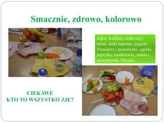 Smacznie, zdrowo, kolorowo 
Jajka, wędliny, żółte sery, 
miód, serki topione, jogurty. 
Pomidory i pomidorki, ogórki, 
papryka, rzodkiewki, sałata i 
szczypiorek. Owoce. 
CIEKAWE 
KTO TO WSZYSTKO ZJE? 
 