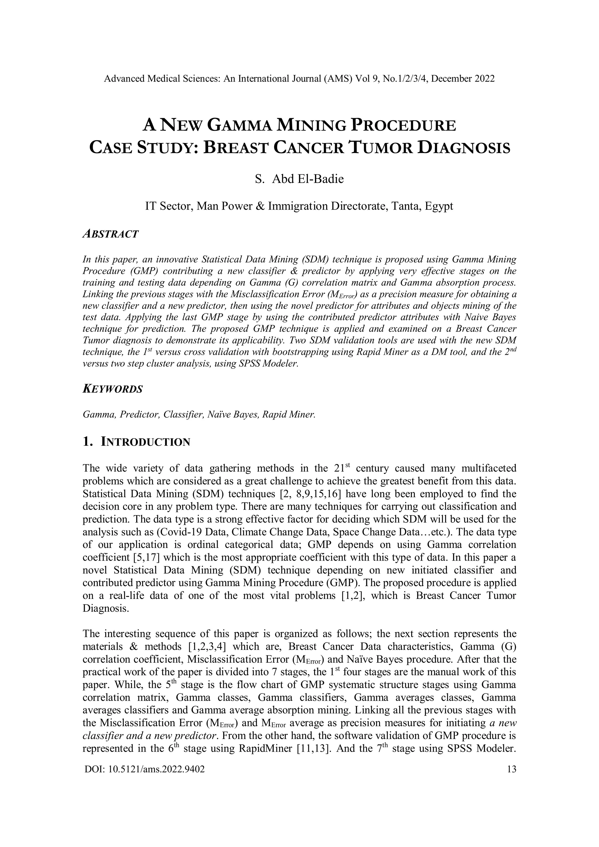 NEW GAMMA MINING PROCEDURE CASE STUDY: BREAST CANCER TUMOR DIAGNOSIS | PDF
