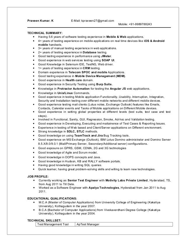 Praveen Software Testing Resume