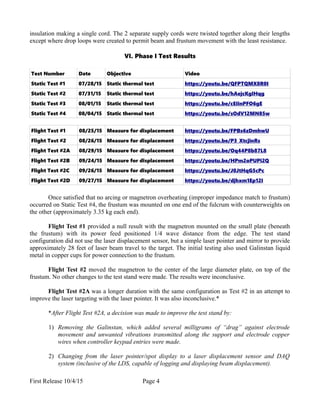 insulation making a single cord. The 2 separate supply cords were twisted together along their lengths
except where drop loops were created to permit beam and frustum movement with the least resistance.
VI. Phase I Test Results
Test Number Date Objective Video
Static Test #1 07/28/15 Static thermal test https://youtu.be/QFPTQMX8R0I
Static Test #2 07/31/15 Static thermal test https://youtu.be/hAejcKgIHqg
Static Test #3 08/01/15 Static thermal test https://youtu.be/cEIinPFO6gE
Static Test #4 08/04/15 Static thermal test https://youtu.be/sOdV12MN85w
Flight Test #1 08/25/15 Measure for displacement https://youtu.be/FPBs6zDmhwU
Flight Test #2 08/26/15 Measure for displacement https://youtu.be/P3_XtcjinRs
Flight Test #2A 08/29/15 Measure for displacement https://youtu.be/Oq44P8b87L8
Flight Test #2B 09/24/15 Measure for displacement https://youtu.be/HPm2oPUPi2Q
Flight Test #2C 09/26/15 Measure for displacement https://youtu.be/J0JtHqG5cPc
Flight Test #2D 09/27/15 Measure for displacement https://youtu.be/djhxm1Ep12I
Once satisfied that no arcing or magnetron overheating (improper impedance match to frustum)
occurred on Static Test #4, the frustum was mounted on one end of the fulcrum with counterweights on
the other (approximately 3.35 kg each end).
Flight Test #1 provided a null result with the magnetron mounted on the small plate (beneath
the frustum) with its power feed positioned 1/4 wave distance from the edge. The test stand
configuration did not use the laser displacement sensor, but a simple laser pointer and mirror to provide
approximately 28 feet of laser beam travel to the target. The initial testing also used Galinstan liquid
metal in copper cups for power connection to the frustum.
Flight Test #2 moved the magnetron to the center of the large diameter plate, on top of the
frustum. No other changes to the test stand were made. The results were inconclusive.
Flight Test #2A was a longer duration with the same configuration as Test #2 in an attempt to
improve the laser targeting with the laser pointer. It was also inconclusive.*
*After Flight Test #2A, a decision was made to improve the test stand by:
1) Removing the Galinstan, which added several milligrams of “drag” against electrode
movement and unwanted vibrations transmitted along the support and electrode copper
wires when controller keypad entries were made.
2) Changing from the laser pointer/spot display to a laser displacement sensor and DAQ
system (inclusive of the LDS, capable of logging and displaying beam displacement).
First Release 10/4/15 Page 4
 