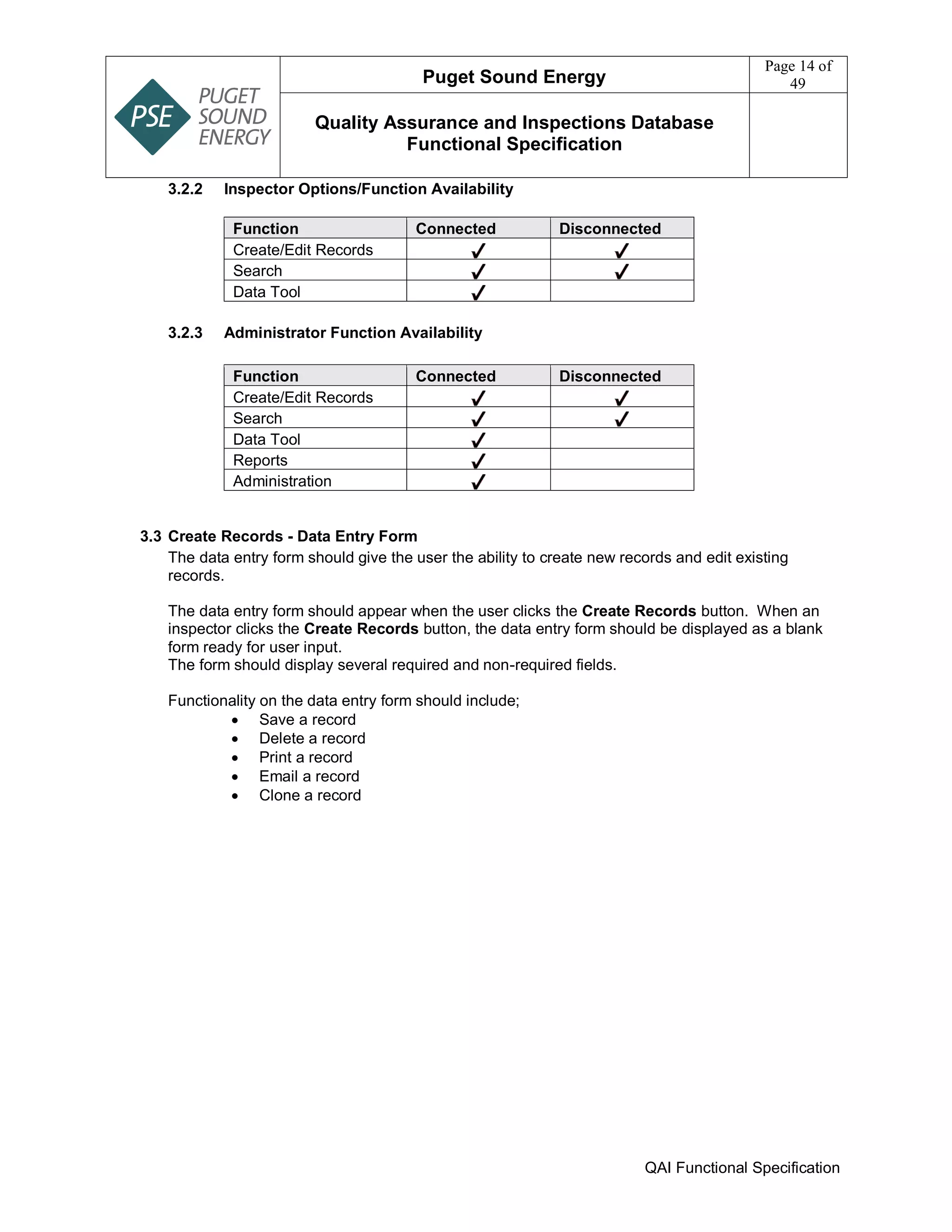 Puget Sound Energy
Page 14 of
49
Quality Assurance and Inspections Database
Functional Specification
QAI Functional Specification
3.2.2 Inspector Options/Function Availability
Function Connected Disconnected
Create/Edit Records
Search
Data Tool
3.2.3 Administrator Function Availability
Function Connected Disconnected
Create/Edit Records
Search
Data Tool
Reports
Administration
3.3 Create Records - Data Entry Form
The data entry form should give the user the ability to create new records and edit existing
records.
The data entry form should appear when the user clicks the Create Records button. When an
inspector clicks the Create Records button, the data entry form should be displayed as a blank
form ready for user input.
The form should display several required and non-required fields.
Functionality on the data entry form should include;
 Save a record
 Delete a record
 Print a record
 Email a record
 Clone a record
 