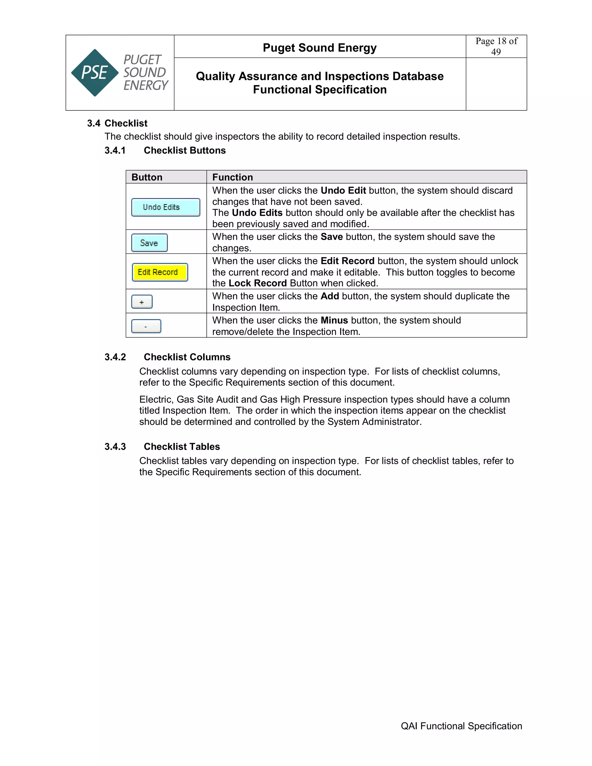 Puget Sound Energy
Page 18 of
49
Quality Assurance and Inspections Database
Functional Specification
QAI Functional Specification
3.4 Checklist
The checklist should give inspectors the ability to record detailed inspection results.
3.4.1 Checklist Buttons
Button Function
When the user clicks the Undo Edit button, the system should discard
changes that have not been saved.
The Undo Edits button should only be available after the checklist has
been previously saved and modified.
When the user clicks the Save button, the system should save the
changes.
When the user clicks the Edit Record button, the system should unlock
the current record and make it editable. This button toggles to become
the Lock Record Button when clicked.
When the user clicks the Add button, the system should duplicate the
Inspection Item.
When the user clicks the Minus button, the system should
remove/delete the Inspection Item.
3.4.2 Checklist Columns
Checklist columns vary depending on inspection type. For lists of checklist columns,
refer to the Specific Requirements section of this document.
Electric, Gas Site Audit and Gas High Pressure inspection types should have a column
titled Inspection Item. The order in which the inspection items appear on the checklist
should be determined and controlled by the System Administrator.
3.4.3 Checklist Tables
Checklist tables vary depending on inspection type. For lists of checklist tables, refer to
the Specific Requirements section of this document.
 