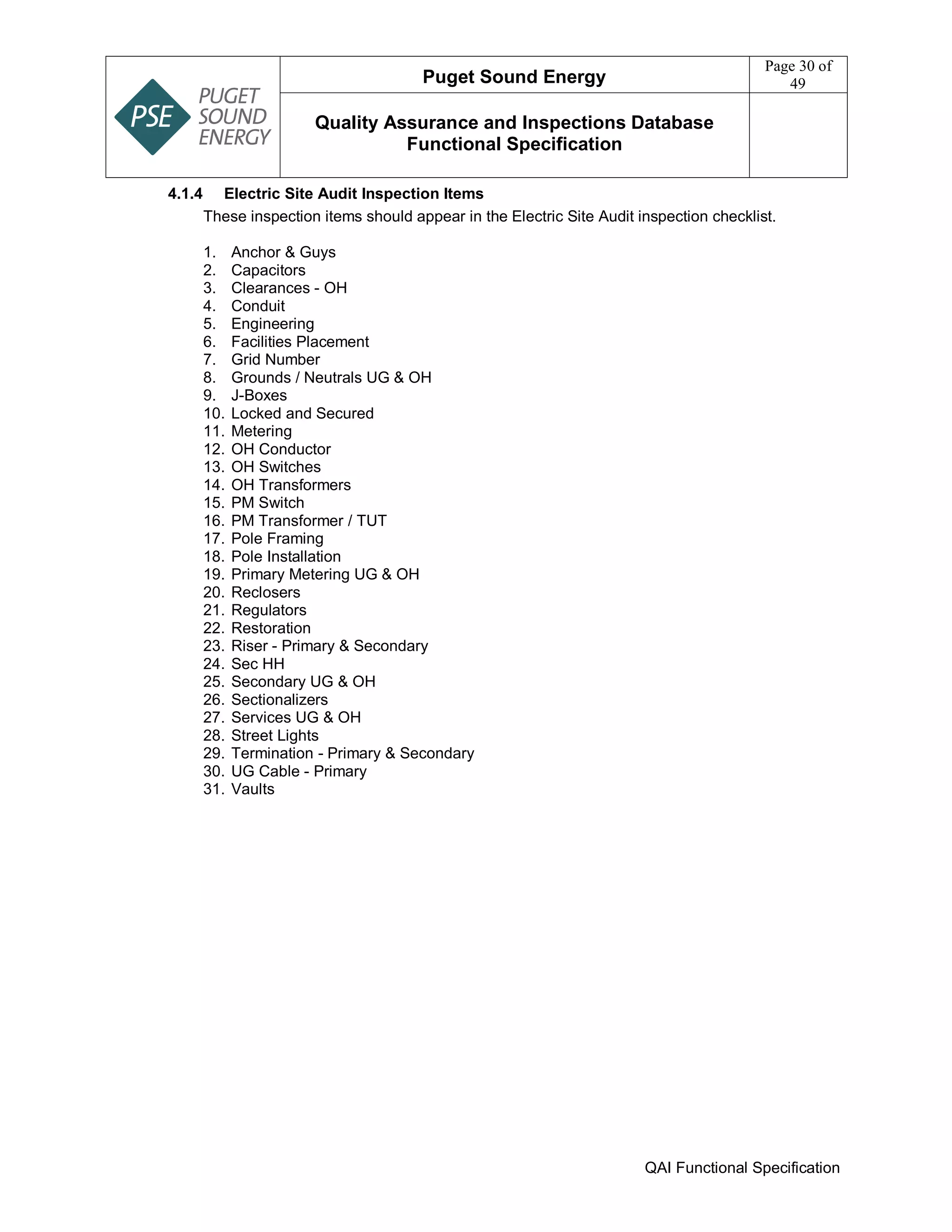 Puget Sound Energy
Page 30 of
49
Quality Assurance and Inspections Database
Functional Specification
QAI Functional Specification
4.1.4 Electric Site Audit Inspection Items
These inspection items should appear in the Electric Site Audit inspection checklist.
1. Anchor & Guys
2. Capacitors
3. Clearances - OH
4. Conduit
5. Engineering
6. Facilities Placement
7. Grid Number
8. Grounds / Neutrals UG & OH
9. J-Boxes
10. Locked and Secured
11. Metering
12. OH Conductor
13. OH Switches
14. OH Transformers
15. PM Switch
16. PM Transformer / TUT
17. Pole Framing
18. Pole Installation
19. Primary Metering UG & OH
20. Reclosers
21. Regulators
22. Restoration
23. Riser - Primary & Secondary
24. Sec HH
25. Secondary UG & OH
26. Sectionalizers
27. Services UG & OH
28. Street Lights
29. Termination - Primary & Secondary
30. UG Cable - Primary
31. Vaults
 
