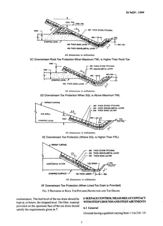 IS 9429 : 1999
300 THICKSTONEPITCHING
min
2OfhTHICKGRAVEUMElALLAYER/ 1
All dimensionsin millimetres.
5C Downstream Rock Toe Protection When Maximum TWL is Higher Than Rock Toe
300 THICKSTONEPITCHING
2@JGRAVEUMETALLAYER
ZOOTHICK SAND IAYER
All dimensionsin millimetres.
5D Downstream Toe Protection When SGL is Above Maximum TWL
RlPRAP/lURFlNG
300 THICK STONE PITCHING
ZOO THICK GRAVEUMETAL LAYER
200 THICK SAND LALYER
All dimensionsin millimetres.
5E Downstream Toe Protection (Where SGL is Higher Than FRL)
IPRAPTURFING
300 THICK STONE PITCHING
200 THICK GRAVELMTAL LAYER
200 THICK SAND LALYER
HORIZONTAL FlLTER
STRIPPEDSURFACE
All dimensionsin millimetres.
5F Downstream Toe Protection (When Lined Toe Drain is Provided)
FIG. 5 PROVISIONOFRICK TOE/PITCHINGPROTECTIONANDTOE DRAINS
maintenance. The bed level of the toe drain should be 6 SEEPAGECONTROL MJ3ASURJISAT CONTAm
kept at, or below, the stripped level. The filter material WITHSTEEPGROUNDSANDSTEEPAB~NTS
provided on the upstream face of the toe drain should
satisfy the requirements given in 7.
6.1 General
Grounds having a gradient varying f?om 1:1to 2 H : 1V
7
 