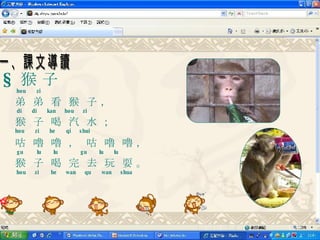 §  猴 子   hou  zi 弟  弟  看  猴  子 ，   di  di  kan  hou  zi  猴  子  喝  汽  水 ； hou  zi  he  qi  shui 咕  嚕  嚕  ，  咕  嚕  嚕 ，   gu  lu  lu  gu  lu  lu 猴  子  喝  完  去  玩  耍 。   hou  zi  he  wan  qu  wan  shua 一、課文導讀 