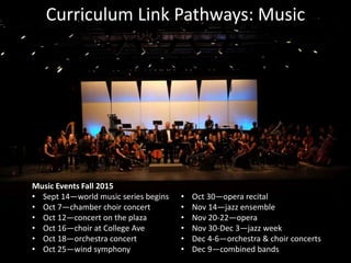 Music Events Fall 2015
• Sept 14—world music series begins
• Oct 7—chamber choir concert
• Oct 12—concert on the plaza
• Oct 16—choir at College Ave
• Oct 18—orchestra concert
• Oct 25—wind symphony
• Oct 30—opera recital
• Nov 14—jazz ensemble
• Nov 20-22—opera
• Nov 30-Dec 3—jazz week
• Dec 4-6—orchestra & choir concerts
• Dec 9—combined bands
Curriculum Link Pathways: Music
 