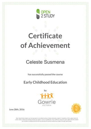 Certificate
of Achievement
Celeste Susmena
has successfully passed the course
Early Childhood Education
by
June 28th, 2016
 