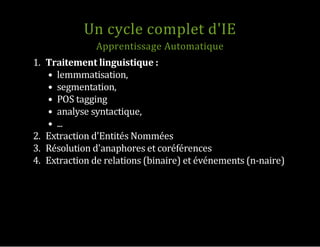 Un cycle complet d'IE
Apprentissage Automatique
1.  Traitement linguistique :
lemmmatisation,
segmentation,
POS tagging
analyse syntactique,
...
2.  Extraction d'Entités Nommées
3.  Résolution d'anaphores et coréférences
4.  Extraction de relations (binaire) et événements (n‐naire)
 