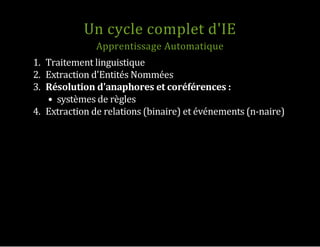 Un cycle complet d'IE
Apprentissage Automatique
1.  Traitement linguistique
2.  Extraction d'Entités Nommées
3.  Résolution d'anaphores et coréférences :
systèmes de règles
4.  Extraction de relations (binaire) et événements (n‐naire)
 