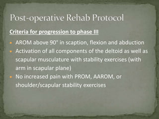 Criteria for progression to phase III
 AROM above 90° in scaption, flexion and abduction
 Activation of all components of the deltoid as well as
scapular musculature with stability exercises (with
arm in scapular plane)
 No increased pain with PROM, AAROM, or
shoulder/scapular stability exercises
 