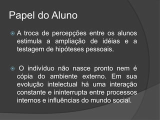 Papel do Aluno
 A troca de percepções entre os alunos
estimula a ampliação de idéias e a
testagem de hipóteses pessoais.
 O indivíduo não nasce pronto nem é
cópia do ambiente externo. Em sua
evolução intelectual há uma interação
constante e ininterrupta entre processos
internos e influências do mundo social.
 