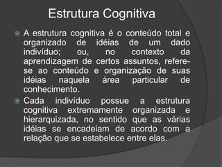Estrutura Cognitiva
 A estrutura cognitiva é o conteúdo total e
organizado de idéias de um dado
indivíduo; ou, no contexto da
aprendizagem de certos assuntos, refere-
se ao conteúdo e organização de suas
idéias naquela área particular de
conhecimento.
 Cada indivíduo possue a estrutura
cognitiva extremamente organizada e
hierarquizada, no sentido que as várias
idéias se encadeiam de acordo com a
relação que se estabelece entre elas.
 