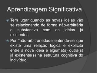 Aprendizagem Significativa
 Tem lugar quando as novas idéias vão
se relacionando de forma não-arbitrária
e substantiva com as idéias já
existentes;
 Por “não-arbitrariedade entende-se que
existe uma relação lógica e explícita
entre a nova idéia e alguma(s) outra(s)
já existente(s) na estrutura cognitiva do
indivíduo;
 