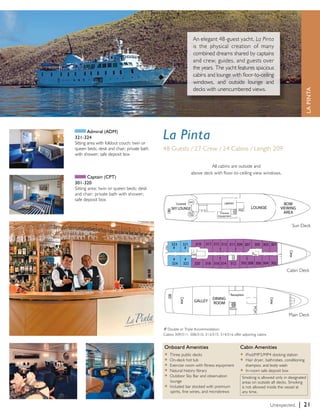 La Pinta 
48 Guests / 27 Crew / 24 Cabins / Length 209’ 
Sun Deck 
Unexpected. | 21 
Admiral (ADM) 
321-324 
Sitting area with foldout couch; twin or 
queen beds; desk and chair; private bath 
with shower; safe deposit box 
Captain (CPT) 
301-320 
Sitting area; twin or queen beds; desk 
and chair; private bath with shower; 
safe deposit box 
All cabins are outside and 
above deck with floor-to-ceiling view windows. 
# Double or Triple Accommodation: 
Cabins 309/311; 308/310; 313/315; 314/316 offer adjoining cabins 
Onboard Amenities 
u Three public decks 
u On-deck hot tub 
u Exercise room with fitness equipment 
u Natural history library 
u Outdoor Sky Bar and observation 
lounge 
u Included bar stocked with premium 
spirits, fine wines, and microbrews 
Cabin Amenities 
u iPod/MP3/MP4 docking station 
u Hair dryer, bathrobes, conditioning 
shampoo, and body wash 
u In-room safe deposit box 
LA PINTA 
An elegant 48-guest yacht, La Pinta 
is the physical creation of many 
combined dreams shared by captains 
and crew, guides, and guests over 
the years. The yacht features spacious 
cabins and lounge with floor-to-ceiling 
windows, and outside lounge and 
decks with unencumbered views. 
Cabin Deck 
Main Deck 
Reception 
Doctor 
Covered 
SKY LOUNGE 
Reception 
Doctor 
Covered 
SKY LOUNGE 
Reception 
Doctor 
Covered 
SKY LOUNGE 
Smoking is allowed only in designated 
areas on outside aft decks. Smoking 
is not allowed inside the vessel at 
any time. 
 