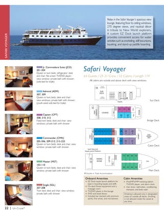 22 | Un-Cruise® 
Safari Voyager 
64 Guests / 29-31 Crew / 33 Cabins / Length 174’ 
All cabins are outside and above deck with view windows. 
Onboard Amenities 
u EZ Dock kayak launch platform for 
ease in boarding kayaks and skiffs 
u On-deck fitness equipment and a 
massage room 
u TV/DVD player in the lounge 
u DVD and book library 
u Included bar stocked with premium 
spirits, fine wines, and microbrews 
312 310 308 
309 307 
206 204 202 
Sun Deck 
Bridge Deck 
Cabin Deck 
Cabin Amenities 
u iPod/MP3/MP4 docking station, 
TV/DVD player, and alarm clock 
u Hair dryer, bathrobes, conditioning 
shampoo, and body wash 
SAFARI VOYAGER 
Relax in the Safari Voyager’s spacious view 
lounge, featuring floor to ceiling windows, 
270 degree views, and nautical décor 
in tribute to New World explorers. 
A custom EZ Dock launch platform 
provides convenient access for water 
activities such as snorkeling, skiff excursions, 
kayaking, and stand-up paddle boarding. 
Jr. Commodore Suite (JCO) 
201-204 
Queen or twin beds; refrigerator; desk 
and chair; flat screen TV/DVD player; 
view window; private bath with shower; 
(sofa bed for triple) 
Admiral (ADM) 
307; 309 
Queen or twin beds; desk and chair; 
view windows; private bath with shower; 
(youth-sized sofa bed for triple) 
Captain (CPT) 
308; 310; 312 
Fixed twin beds; desk and chair; view 
windows; private bath with shower 
Commander (CMN) 
205-206; 209-212; 215-222 
Queen or twin beds; desk and chair; view 
window; private bath with shower 
Master (MST) 
103-110 
Queen or twin beds; desk and chair; view 
window; private bath with shower 
Single (SGL) 
207-208 
Twin bed; desk and chair; view window; 
private bath with shower 
DINING 
ROOM 
GALLEY 
208 
BOW 
VIEWING 
AREA 
LIBRARY 
LOUNGE 
222 220 218 216 212 210 
221 219 217 215 211 209 207 205 203 201 
110 108 106 104 
109 107 105 103 
COVERED 
AREA 
SUN 
DECK 
Bar 
COVERED 
AREA 
Expedition 
Desk 
Swim Step and 
Kayak Launch Platform 
Kayaks 
Main Deck 
# Double or Triple Accommodation 
Smoking is allowed only in designated 
areas on outside aft decks. Smoking 
is not allowed inside the vessel at 
any time. 
 