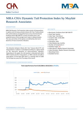 MRA CHA Dynamic Tail Protection Index by Mayfair
Research Associates
DESCRIPTION
MRA CHA Dynamic Tail Protection Index consists of long positions
in options and US treasury bonds (ishares 20+ Year Treasury Bond
ETF), which leads to strong performance versus the benchmark
ProShares Short S&P 500 ETF in times of market stress, and
outperformance of the outright short index in rallying markets.
The sizes and strikes of the options are defined by short-term
dynamics of macro-economic indicators.
STRATEGY OVERVIEW
The allocation between iShares 20+ Year Treasury Bond ETF and
long positions in options is calculated according to a signal, based
on the short-term dynamics of macro-economic indicators.
Depending on the signal, the cash position is allocated with either
99% in bonds and 1% in long options, or 90% in bonds and 10% in
long options. At the base date there is a starting value of $100.
The roll days are every first Thursday of the month.
KEY FACTS
 Benchmark: ProShares Short S&P 500 ETF
 Asset Type: Equities
 Index Type: Total Return
 Inception Date: 13.06.2005
 Currency: USD
 Calculation: daily
 Index Rebalancing: monthly
 Number of Components: 2
 Volatility Target: NO
 Index Sponsor: Mayfair Research Associates
 Index Calculator: Mayfair Research Associates
 Bloomberg Ticker:
 Available Format:
PERFORMANCE COMPARISON GRAPH
Total outperformance from 01.06.2006 to 30.06.2016 is 375.65%.
PERFORMANCE STATISTICS
0
100
200
300
400
500
600
Jun-06 Jun-07 Jun-08 Jun-09 Jun-10 Jun-11 Jun-12 Jun-13 Jun-14 Jun-15 Jun-16
Index Benchmark
Index Factsheet
 