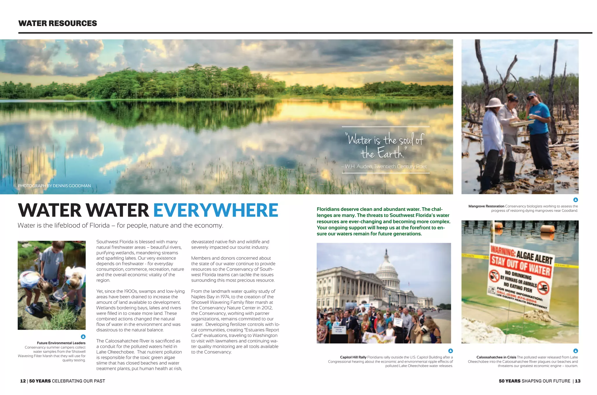 12 | 50 years celebrating our past 50 years shaping our future | 13
Water resources
WATER WATER Everywhere
Water is the lifeblood of Florida – for people, nature and the economy.
Southwest Florida is blessed with many
natural freshwater areas – beautiful rivers,
purifying wetlands, meandering streams
and sparkling lakes. Our very existence
depends on freshwater - for everyday
consumption, commerce, recreation, nature
and the overall economic vitality of the
region.
Yet, since the 1900s, swamps and low-lying
areas have been drained to increase the
amount of land available to development.
Wetlands bordering bays, lakes and rivers
were filled in to create more land. These
combined actions changed the natural
flow of water in the environment and was
disastrous to the natural balance.
The Caloosahatchee River is sacrificed as
a conduit for the polluted waters held in
Lake Okeechobee. That nutrient pollution
is responsible for the toxic green algae
slime that has closed beaches and water
treatment plants, put human health at risk,
devastated native fish and wildlife and
severely impacted our tourist industry.
Members and donors concerned about
the state of our water continue to provide
resources so the Conservancy of South-
west Florida teams can tackle the issues
surrounding this most precious resource.
From the landmark water quality study of
Naples Bay in 1974, to the creation of the
Shotwell Wavering Family filter marsh at
the Conservancy Nature Center in 2012,
the Conservancy, working with partner
organizations, remains committed to our
water. Developing fertilizer controls with lo-
cal communities, creating “Estuaries Report
Card” evaluations, traveling to Washington
to visit with lawmakers and continuing wa-
ter quality monitoring are all tools available
to the Conservancy.
Floridians deserve clean and abundant water. The chal-
lenges are many. The threats to Southwest Florida’s water
resources are ever-changing and becoming more complex.
Your ongoing support will keep us at the forefront to en-
sure our waters remain for future generations.
Future Environmental Leaders
Conservancy summer campers collect
water samples from the Shotwell
Wavering Filter Marsh that they will use for
quality testing.
Caloosahatchee in Crisis The polluted water released from Lake
Okeechobee into the Caloosahatchee River plagues our beaches and
threatens our greatest economic engine – tourism.
Mangrove Restoration Conservancy biologists working to assess the
progress of restoring dying mangroves near Goodland.
Capitol Hill Rally Floridians rally outside the U.S. Capitol Building after a
Congressional hearing about the economic and environmental ripple effects of
polluted Lake Okeechobee water releases.
photograph by Dennis Goodman
“Water is the soul of
the Earth.”
– W.H. Auden, Twentieth Century Poet
 
